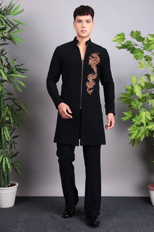 Men’s Nehru Jacket – Japanese Lycra in Blue with Designer Zip Front | One Man Show
