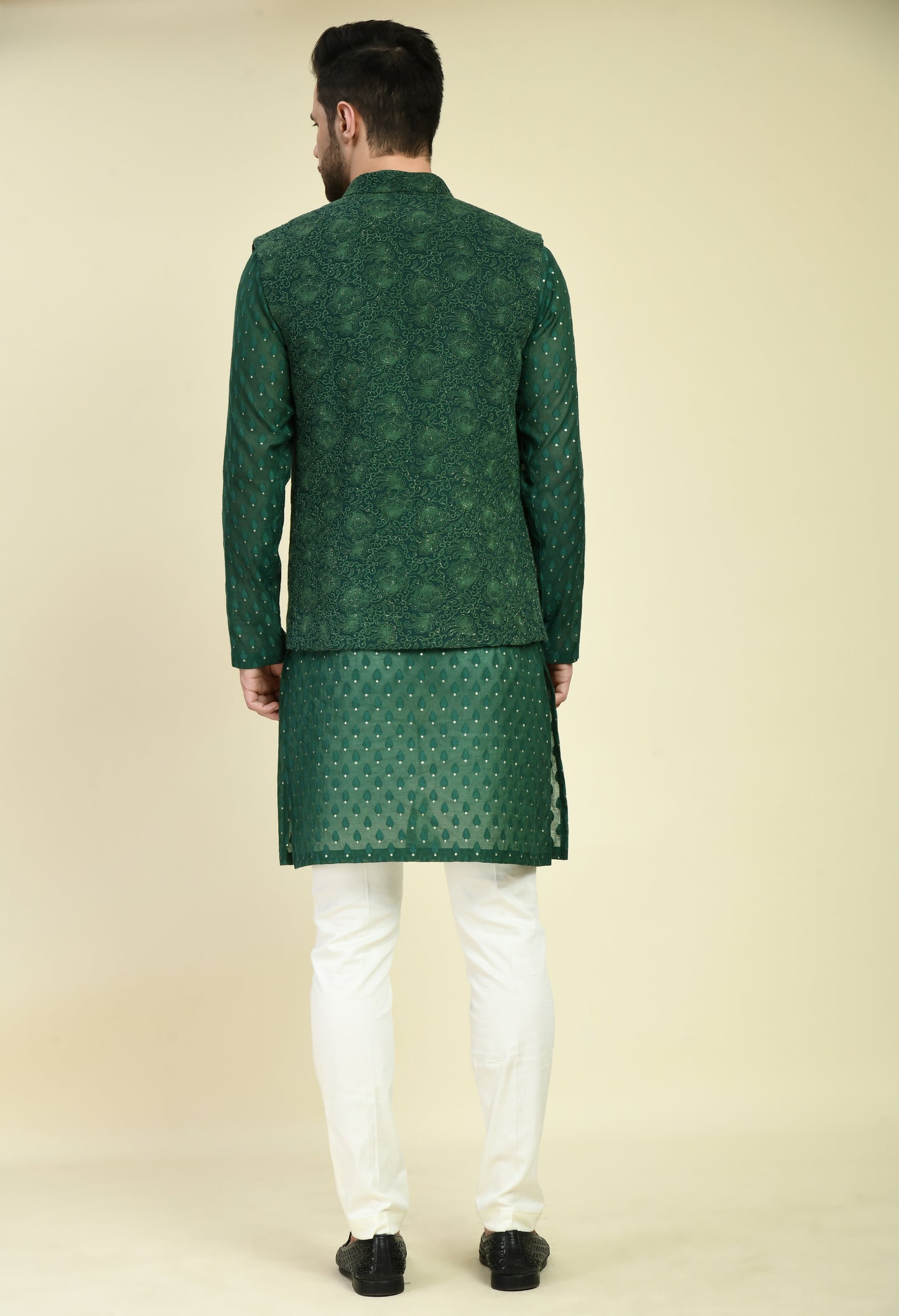 Men’s Nehru Jacket – Silk Georgette in Green with Dori Thread Embroidery | One Man Show