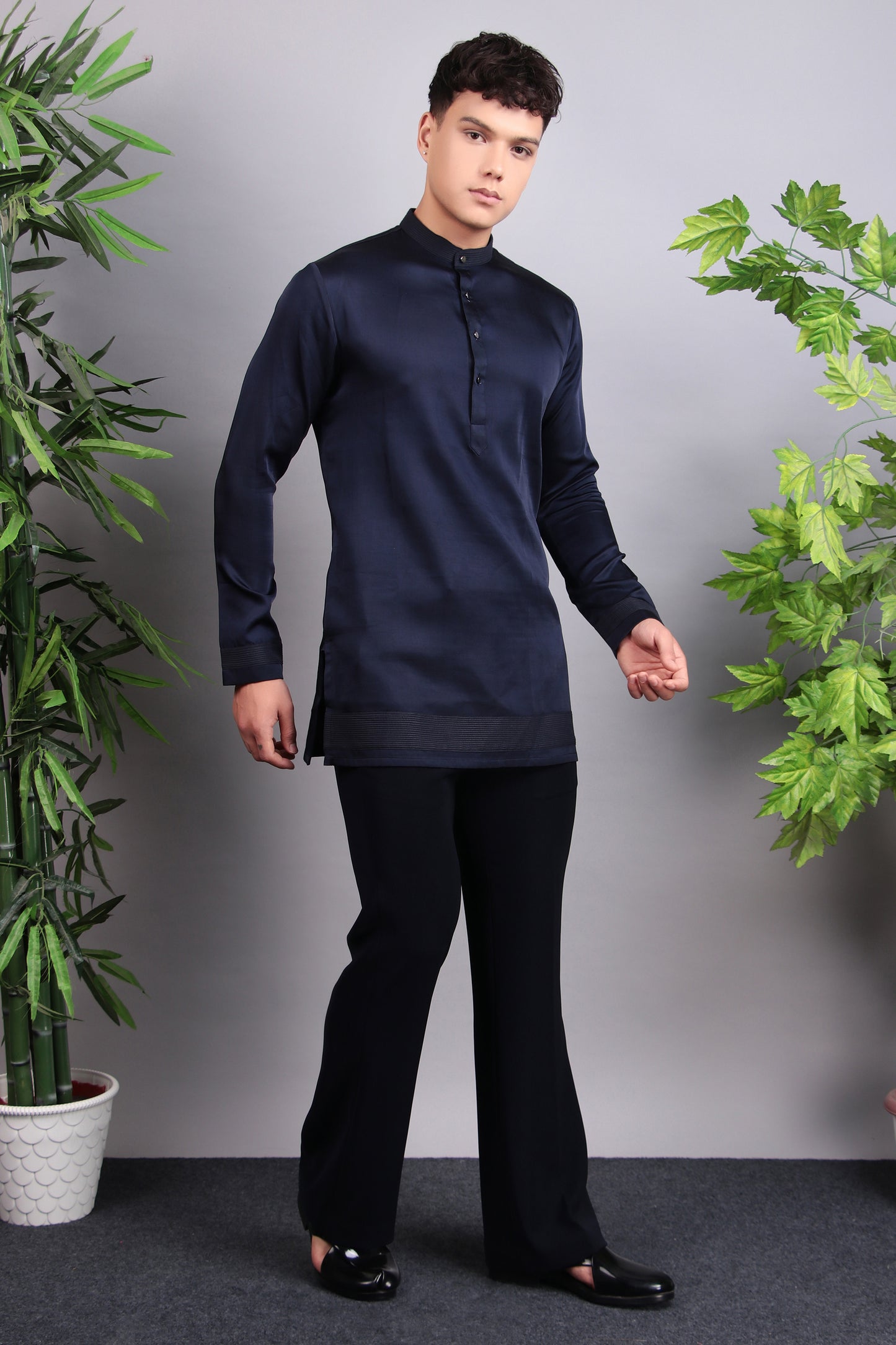 Men’s Indo-Western – Silk Embroidered Fabric in Blue with Floral Hand Embroidery | One Man Show
