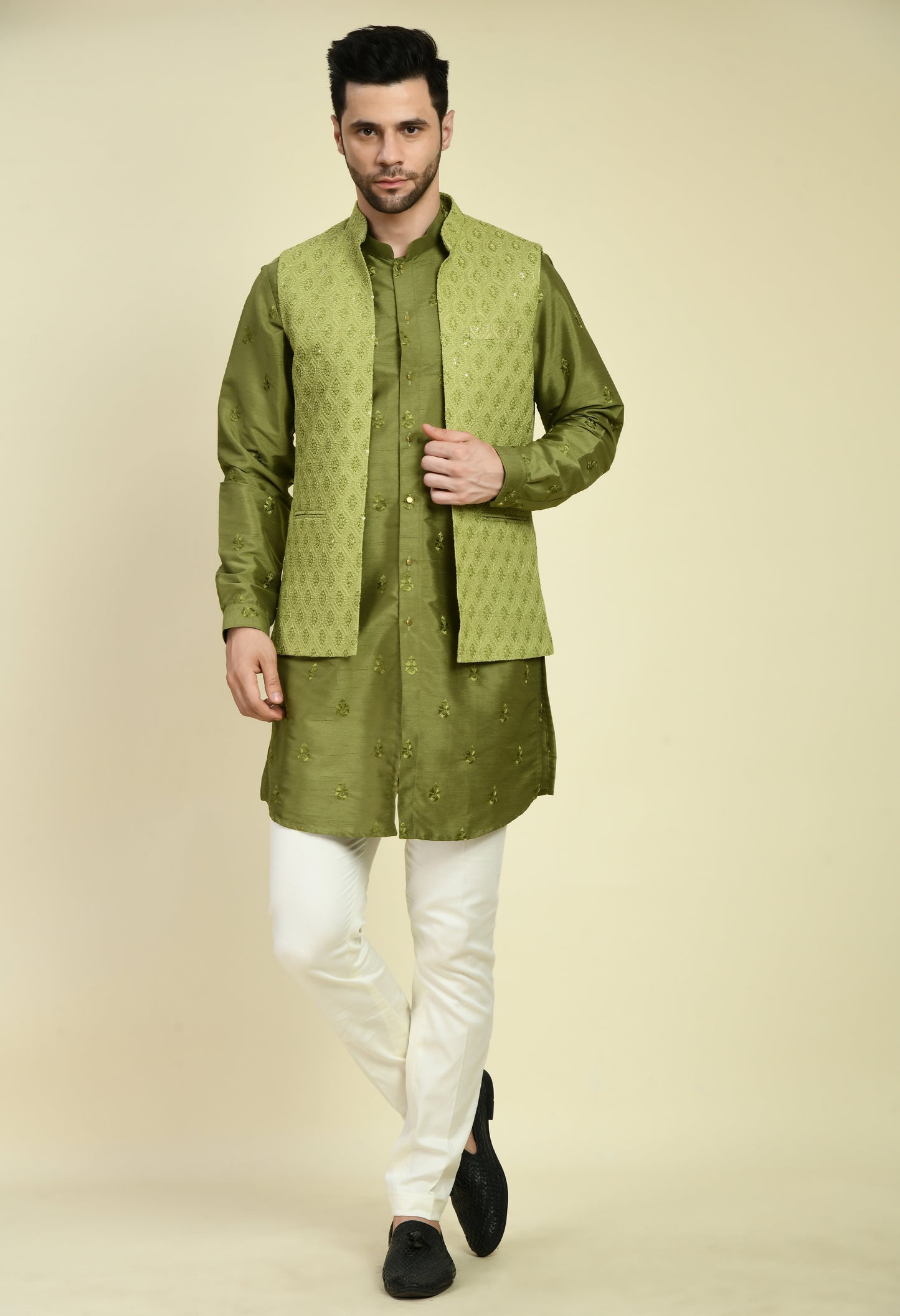 Men’s Nehru Jacket – Silk Georgette in Green with Silk Thread Embroidery | One Man Show