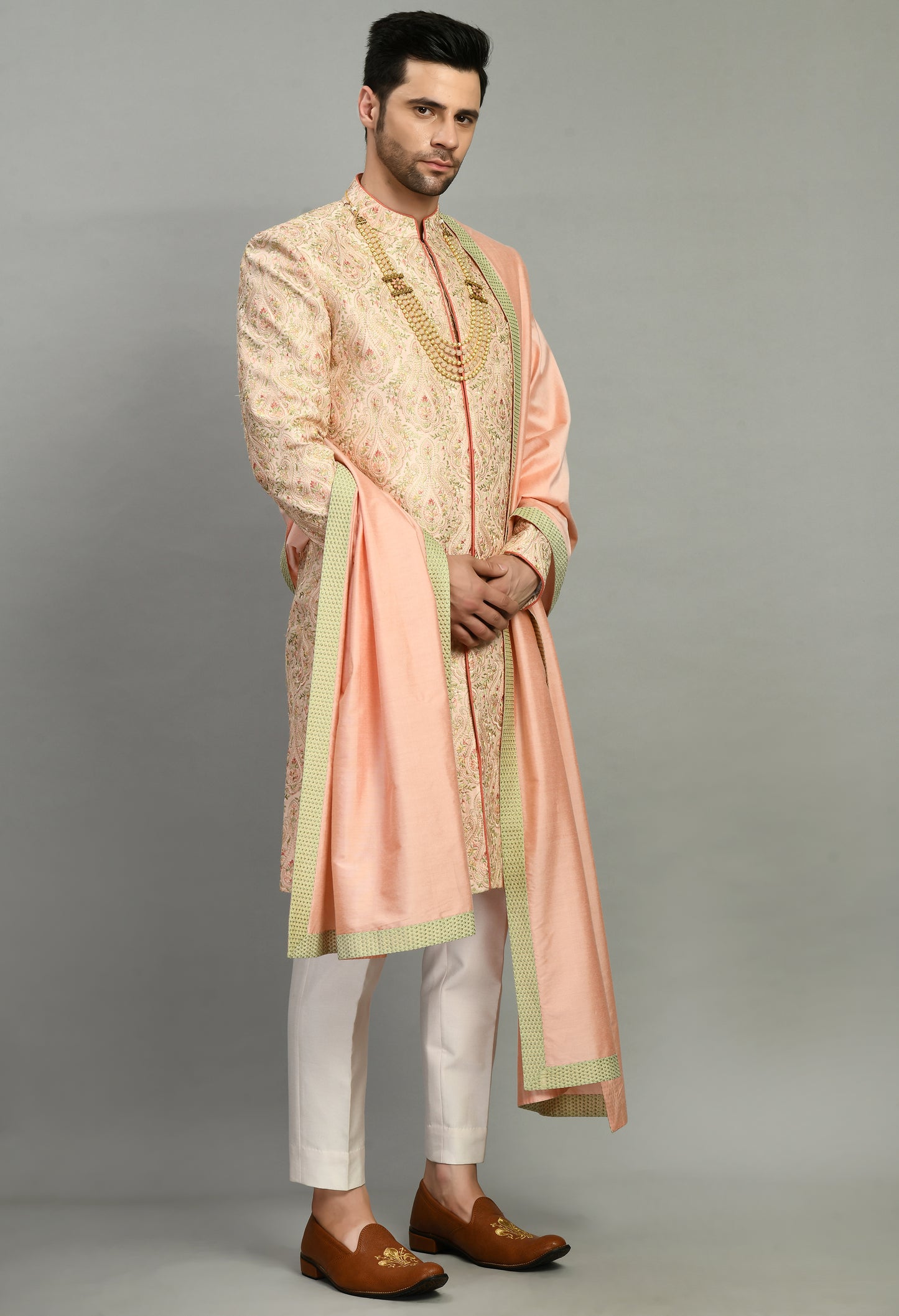 Men’s Sherwani – Silk in Peach with Detailed Hand Embroidery | One Man Show