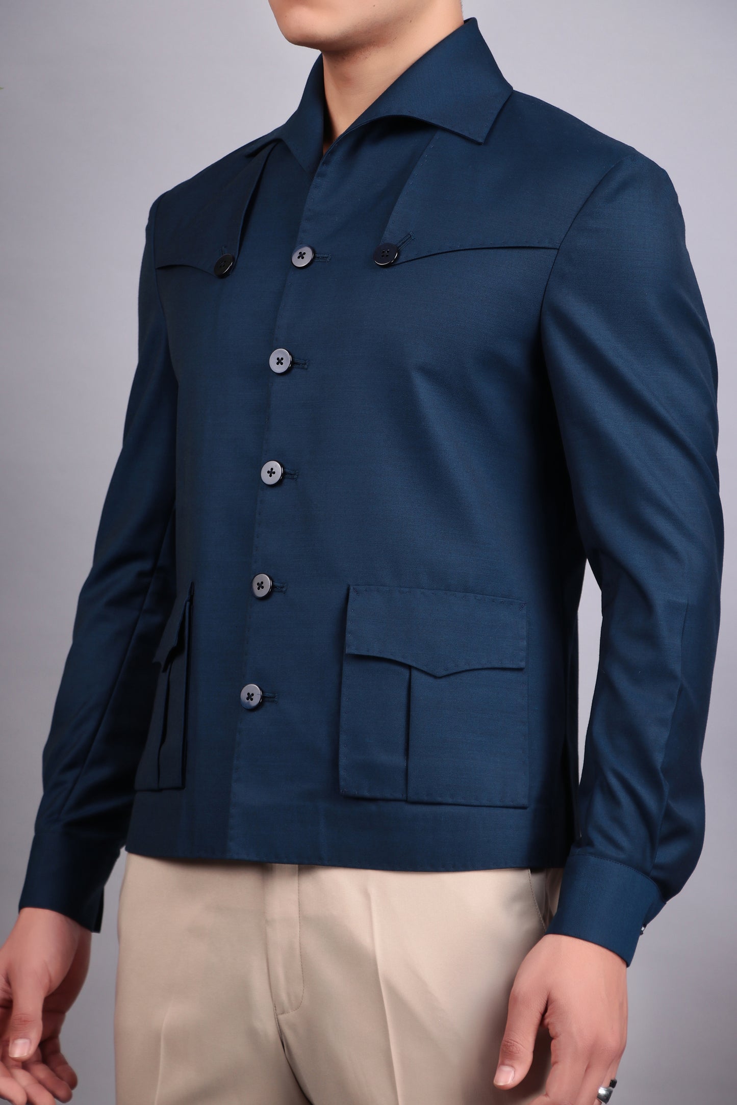 Men’s Suit – Suiting Lycra in Blue with Hunter Shirt and Hand Stitchwork Details | One Man Show