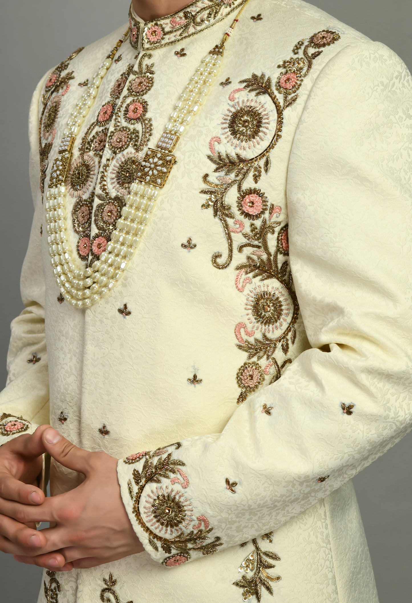 Men’s Sherwani – Silk in Ivory with Detailed Hand Embroidery | One Man Show