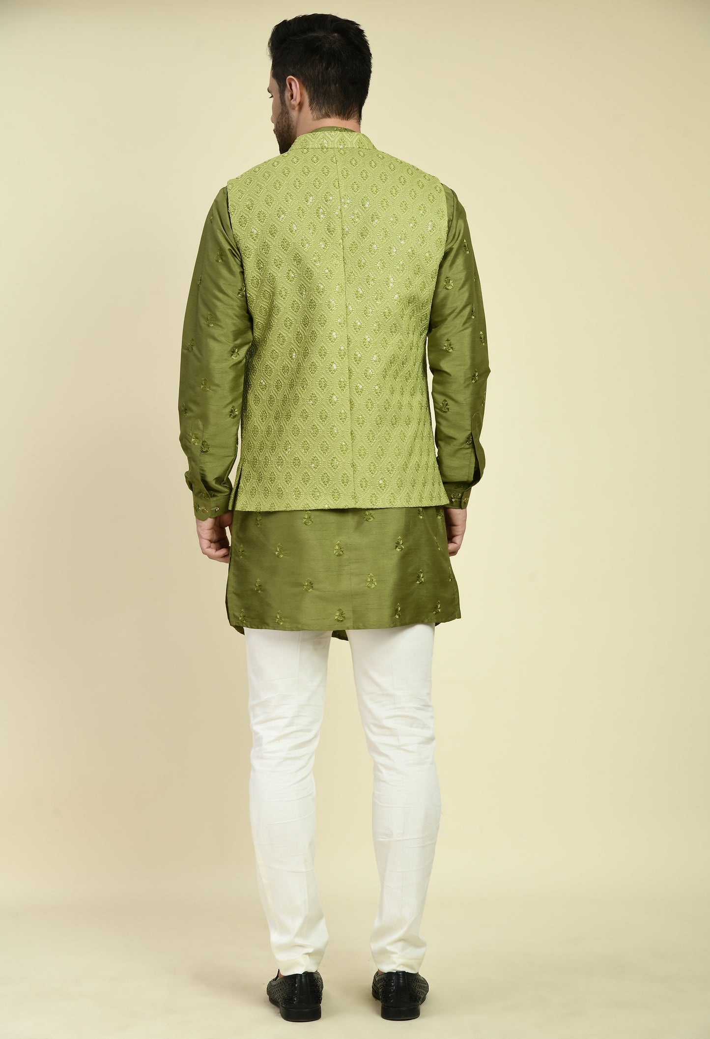 Men’s Nehru Jacket – Silk Georgette in Green with Silk Thread Embroidery | One Man Show