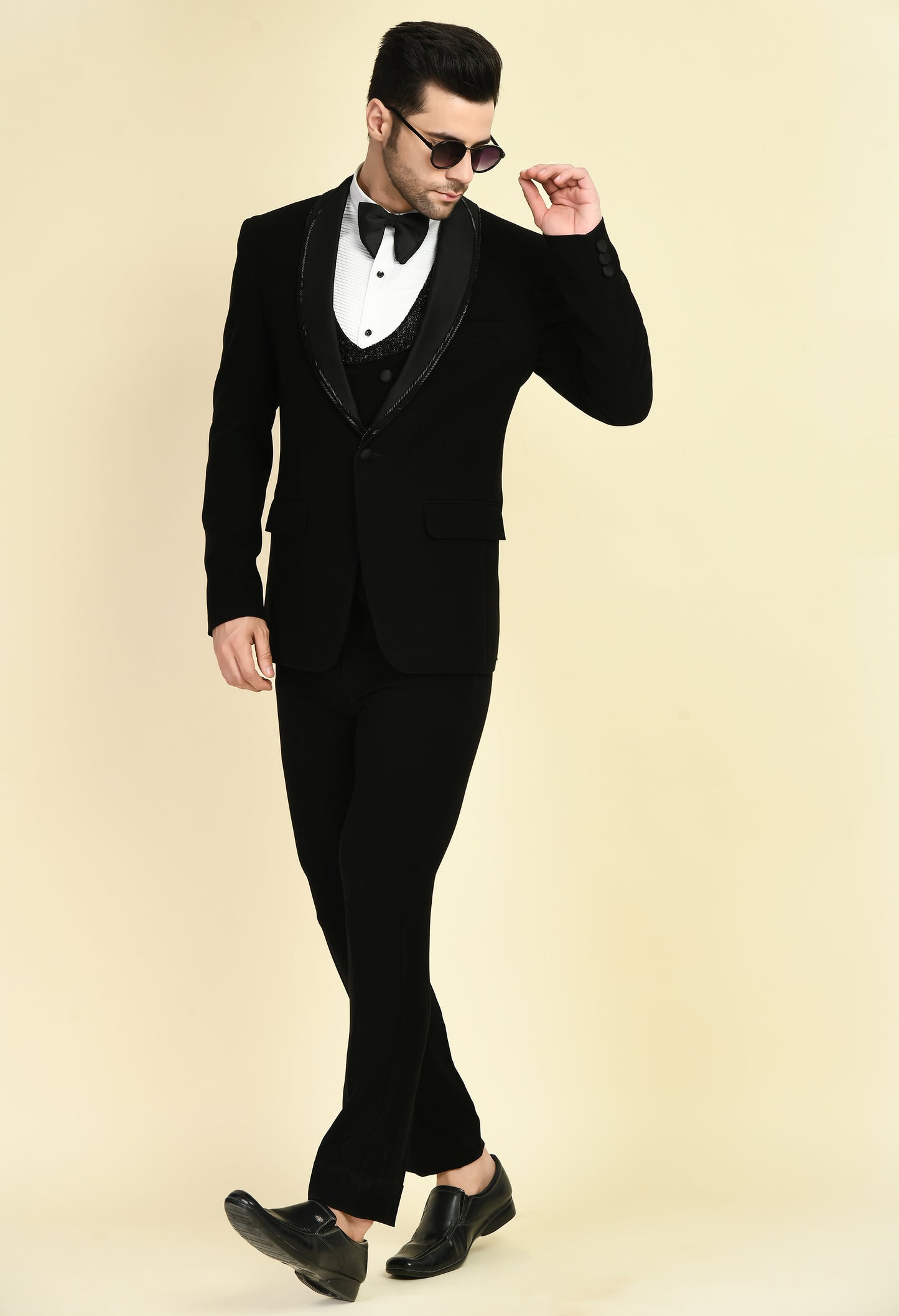 Men’s Tuxedo – Japanese Lycra in Black with Glass Beads Work on Double Lapel Design | One Man Show
