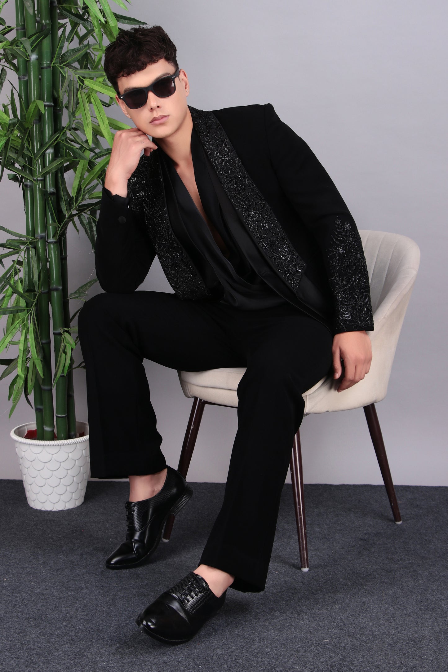 Men’s Tuxedo – Japanese Lycra in Black with Layered Lapel & Beaded Embroidery | One Man Show