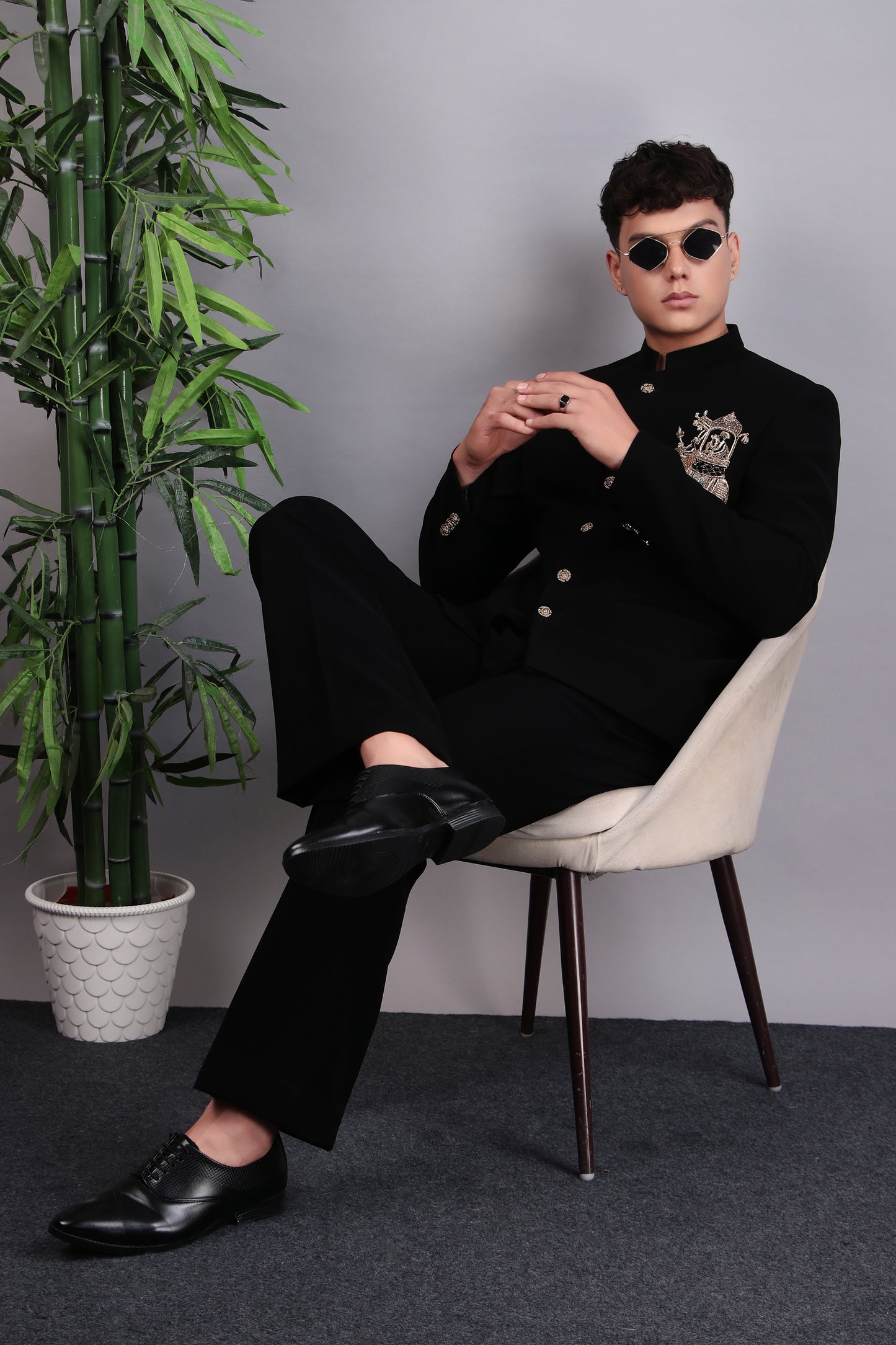 Men’s Bandhgala – Japanese Lycra in Black with Patch Motif Embroidery | One Man Show