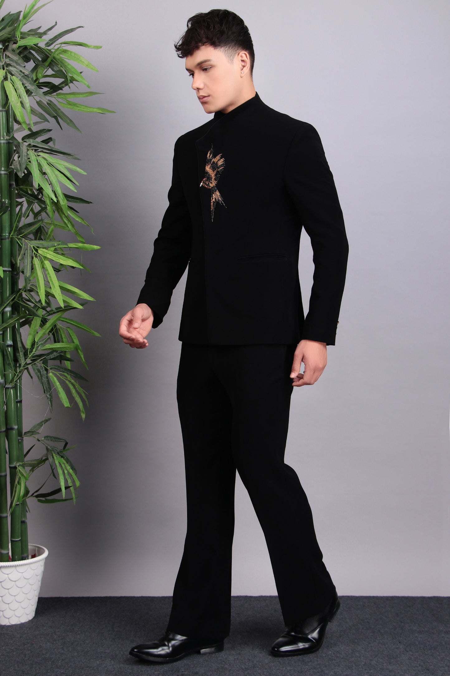Men’s Bandhgala – Japanese Lycra in Black with Assymetric Front Cut and Bird Motif Embroidery | One Man Show