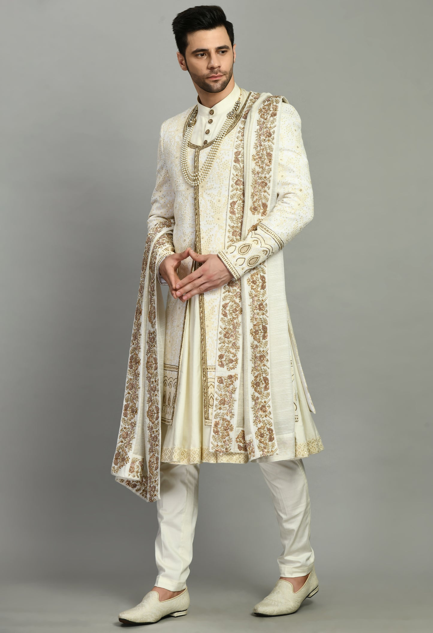 Men’s Sherwani – Silk in Ivory with Detailed Hand Embroidery Allover | One Man Show