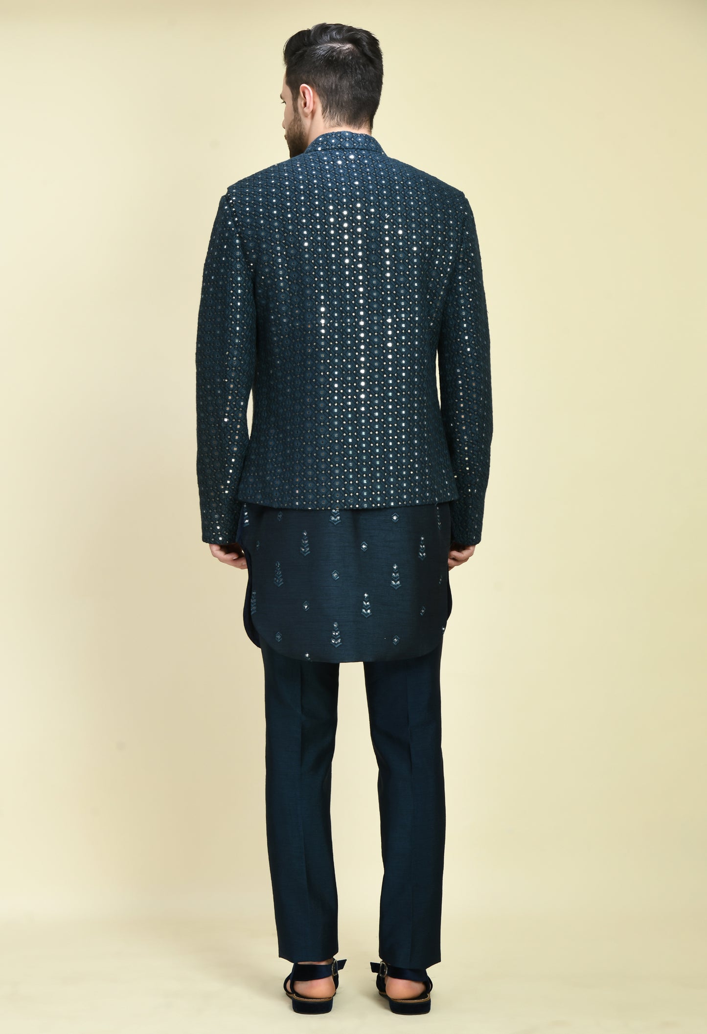 Men’s Nehru Jacket – Silk Georgette in Teal Blue with Silk Thread and Mirrorwork Embroidery | One Man Show