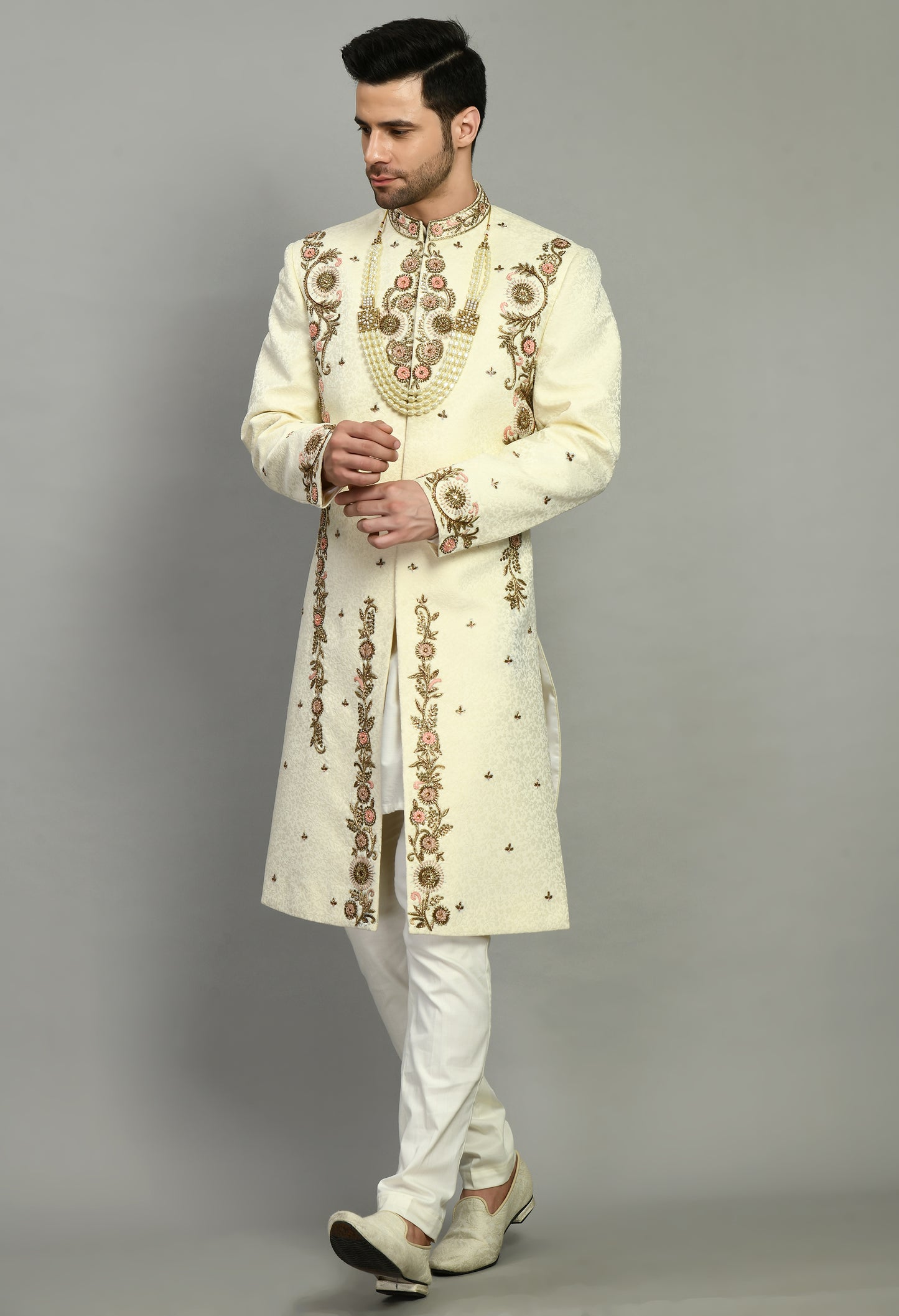 Men’s Sherwani – Silk in Ivory with Detailed Hand Embroidery | One Man Show