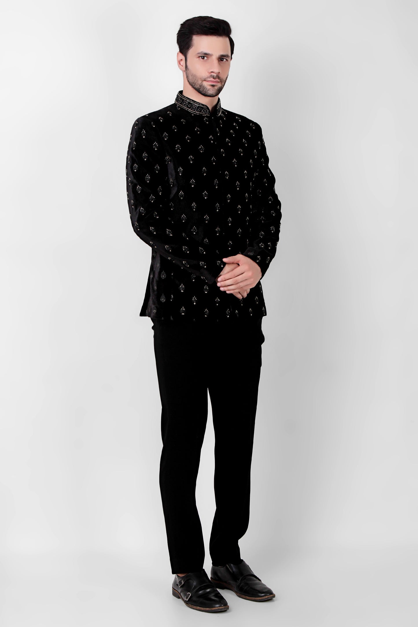 Men’s Bandhgala – Velvet in Black with Floral Motif Embroidery | One Man Show
