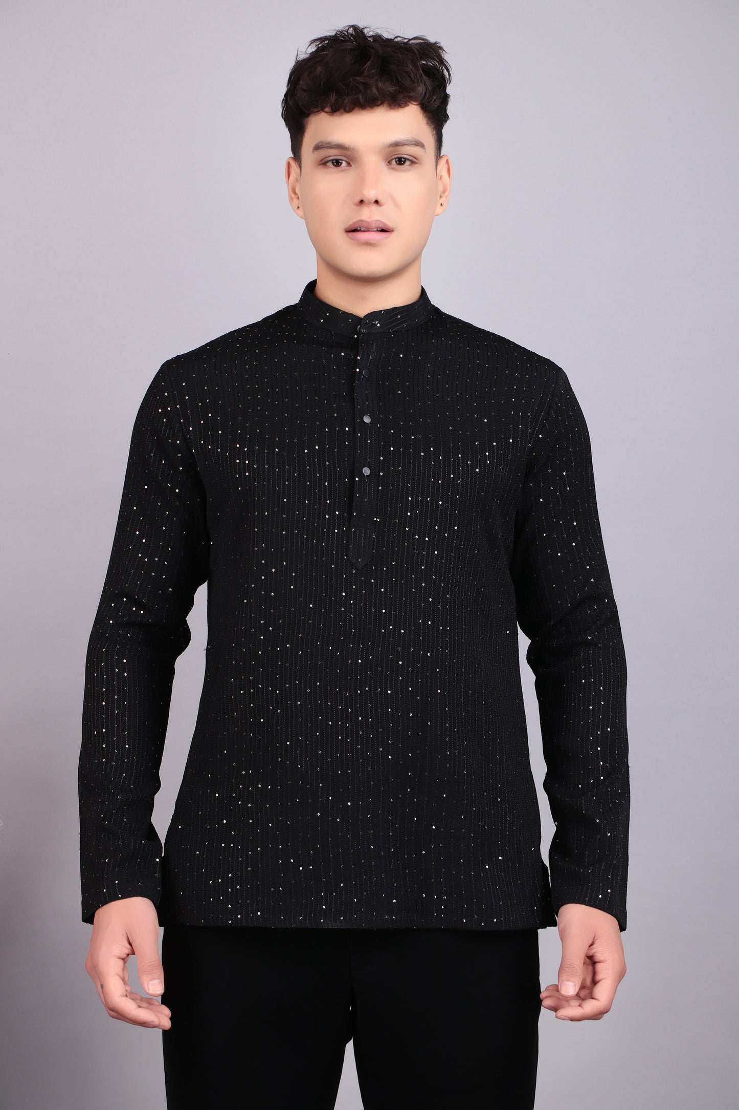 Detail view 3 - Men’s Bandhgala – Japanese Lycra in Black with Hand Embroidery in Gold