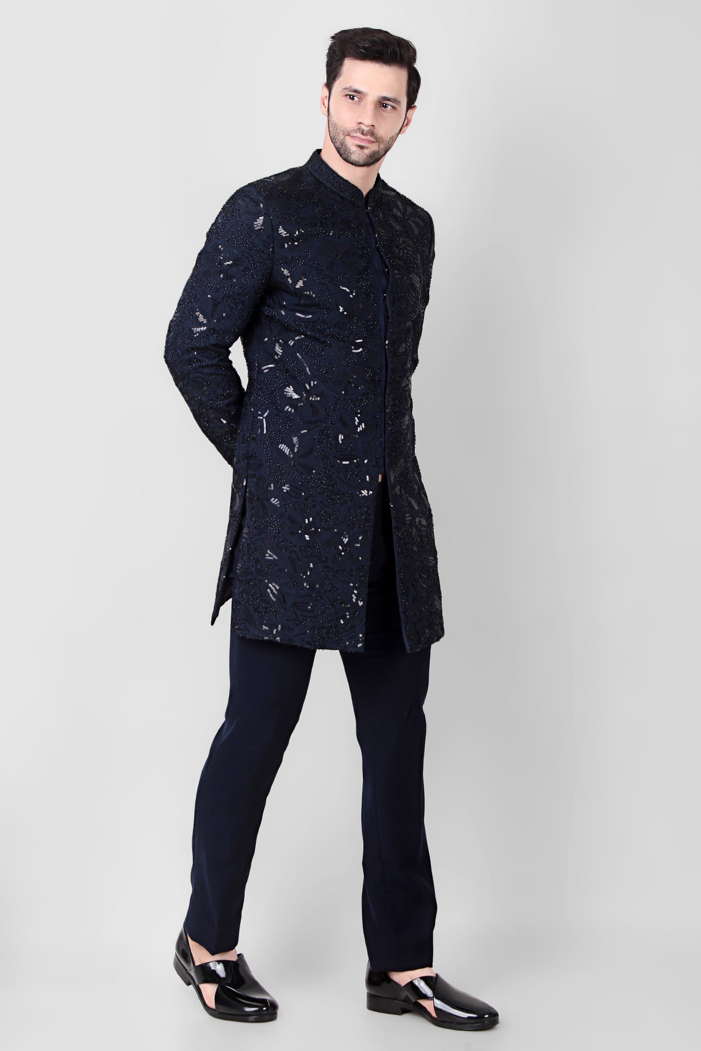 Men’s Indo-Western – Silk Georgette in Navy Blue with Beads and Sequins Embroidery | One Man Show