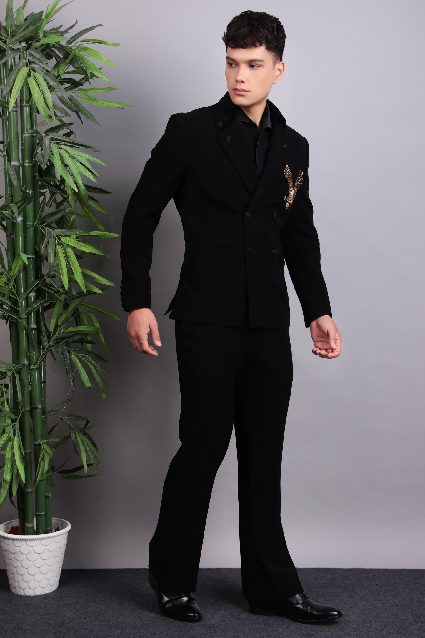 Men’s Tuxedo – Japanese Lycra in Black with Eagle Motif Embroidery | One Man Show