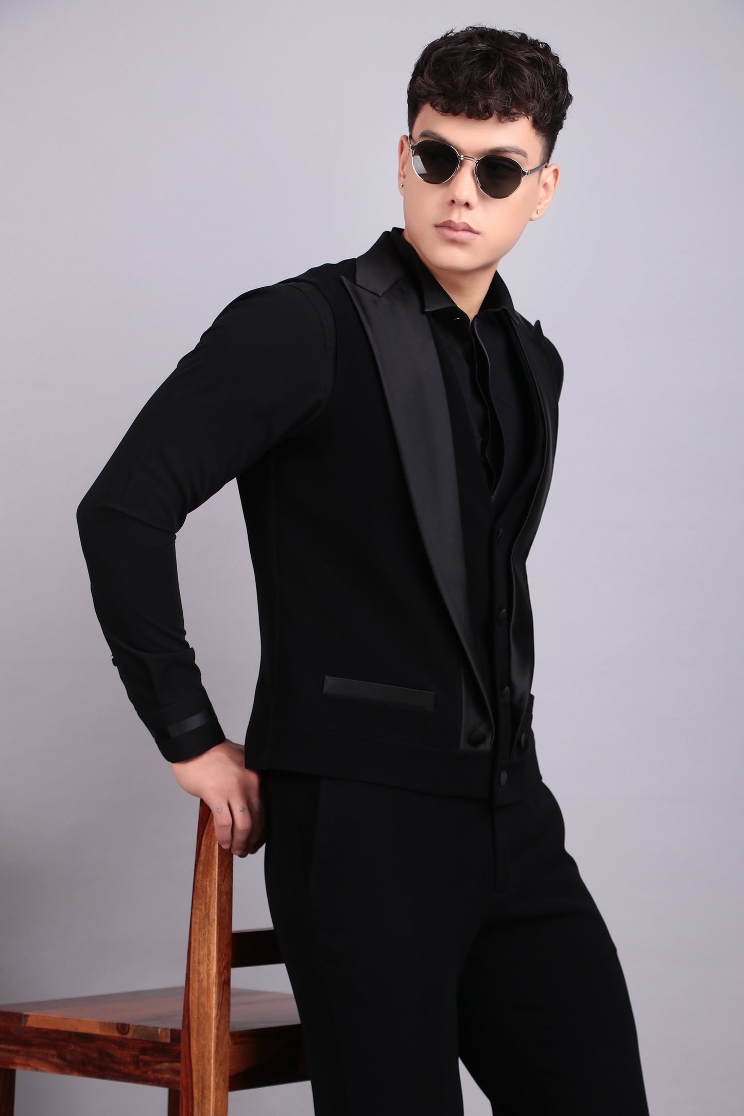 Men’s Tuxedo – Japanese Lycra in Black with Multi Layered Vest Style Jacket | One Man Show
