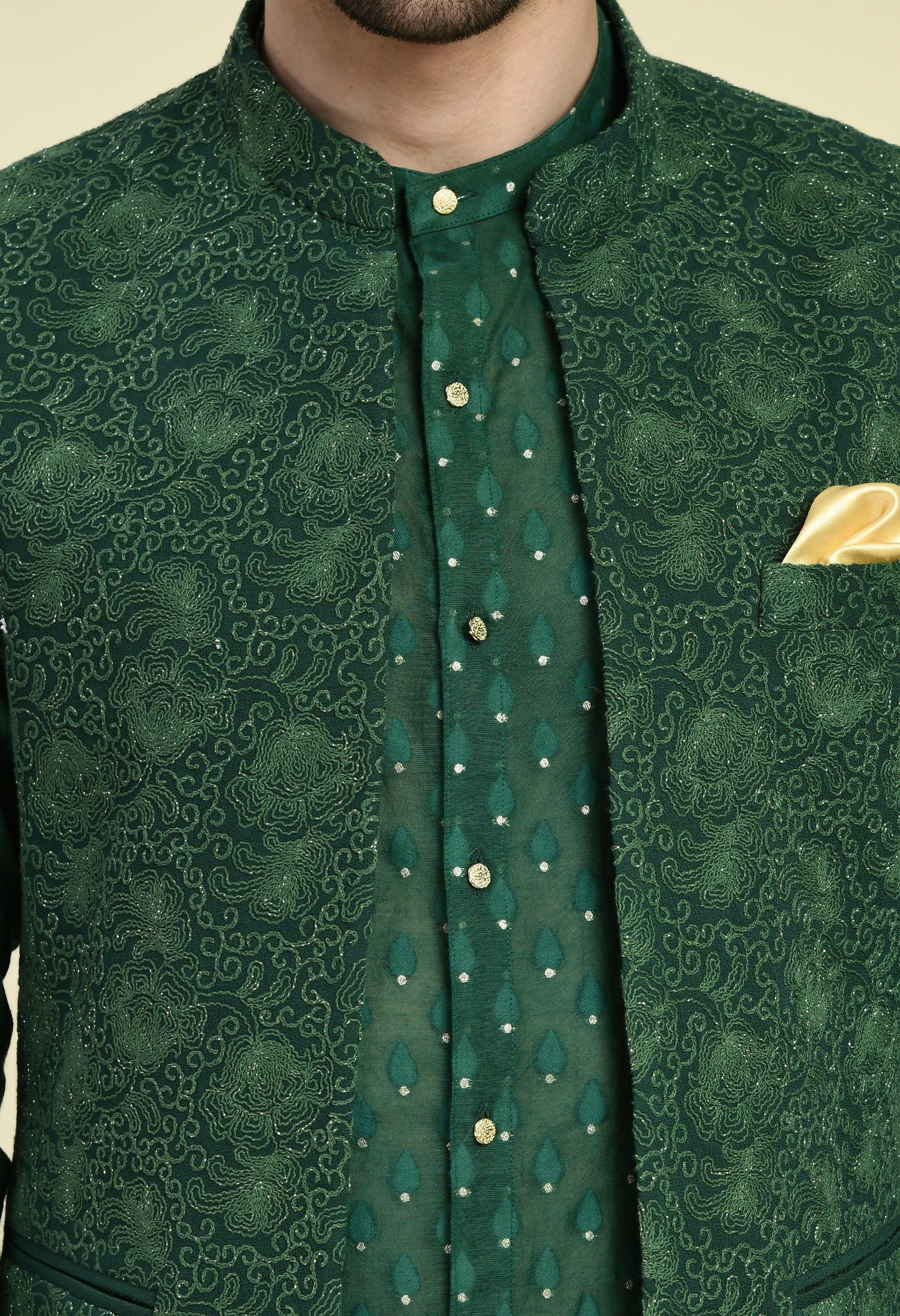 Men’s Nehru Jacket – Silk Georgette in Green with Dori Thread Embroidery | One Man Show