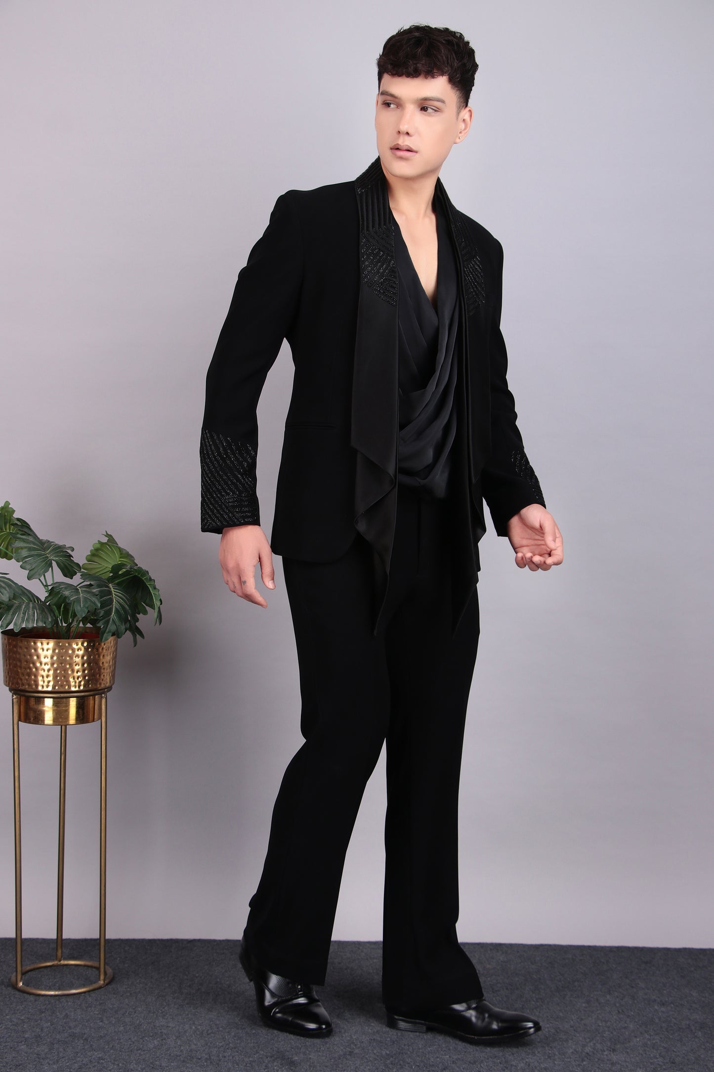 Men’s Tuxedo – Japanese Lycra in Black with Layered Lapel Style | One Man Show