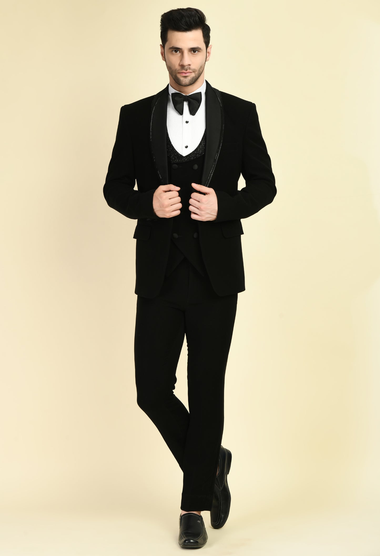 Men’s Tuxedo – Japanese Lycra in Black with Glass Beads Work on Double Lapel Design | One Man Show