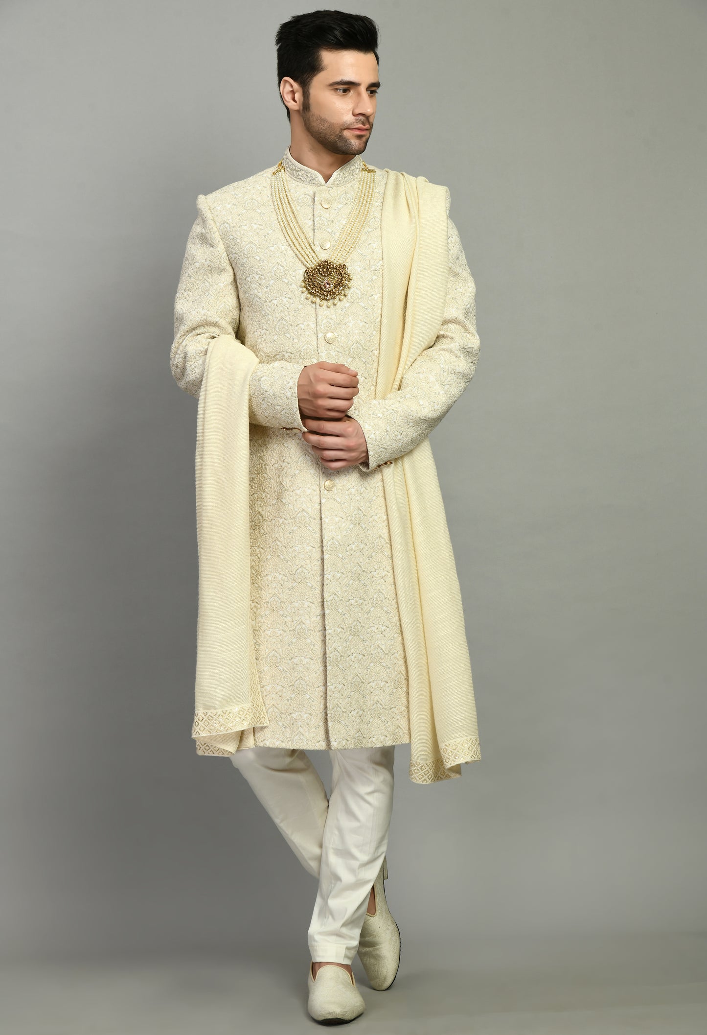 Men’s Sherwani – Silk in Cream with Detailed Hand Embroidery Allover | One Man Show