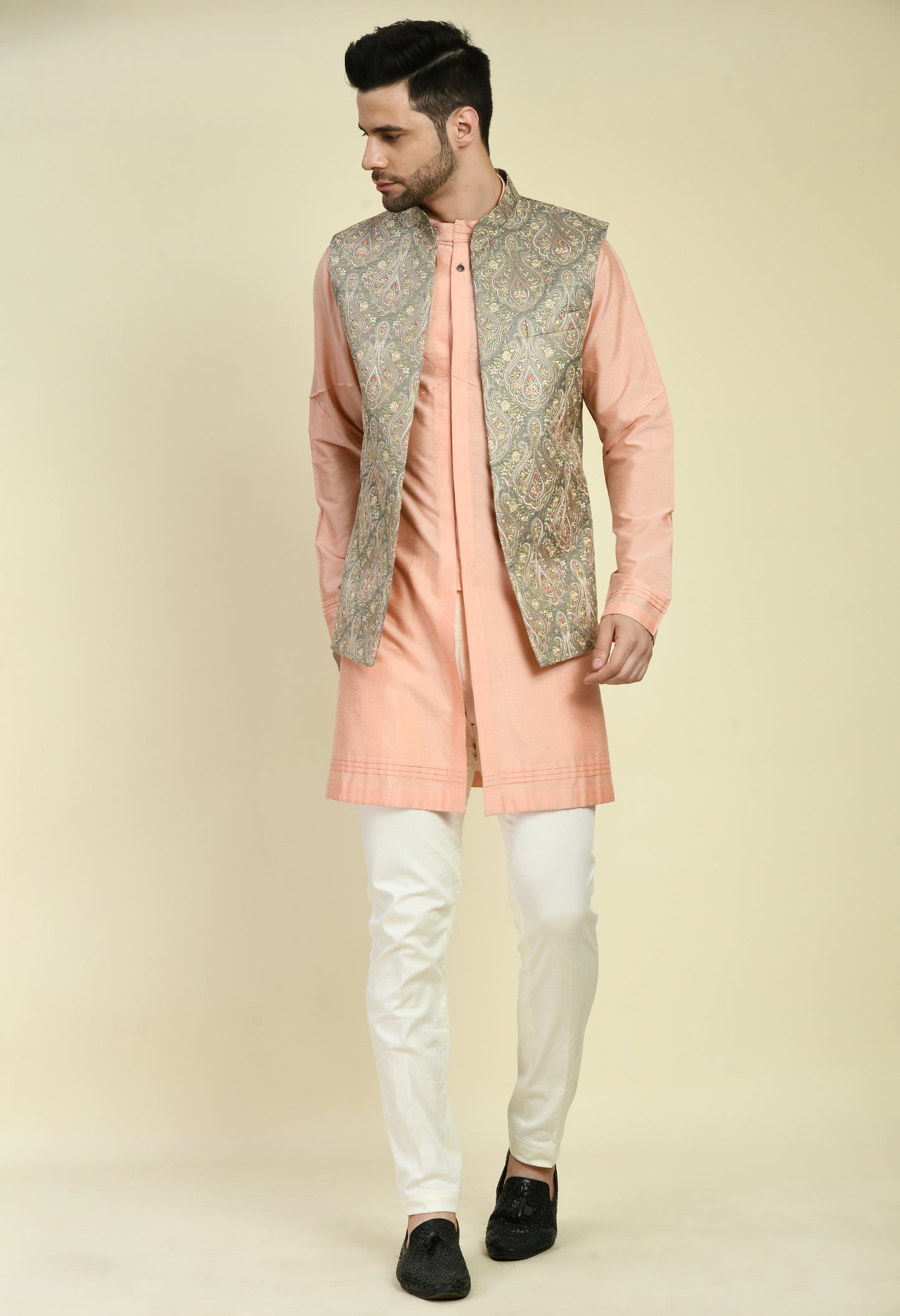 Men’s Kurta Set – Cotton Silk in Peach with Pintucks Abstract Design | One Man Show