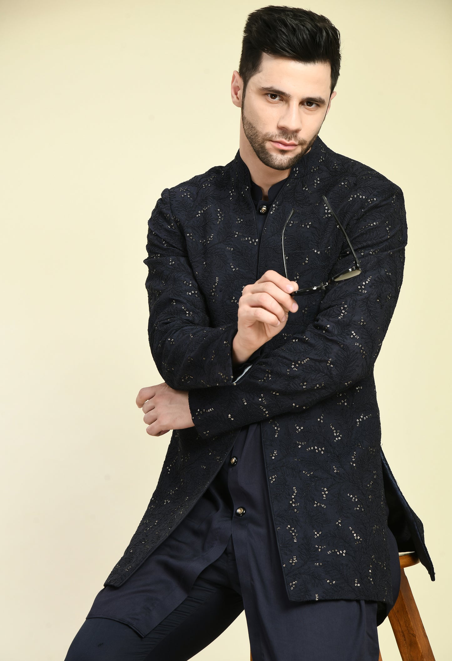 Detail view 4 - Men’s Indo-Western – Silk Kurta in Navy Blue with Dori and Sequins Embroidery
