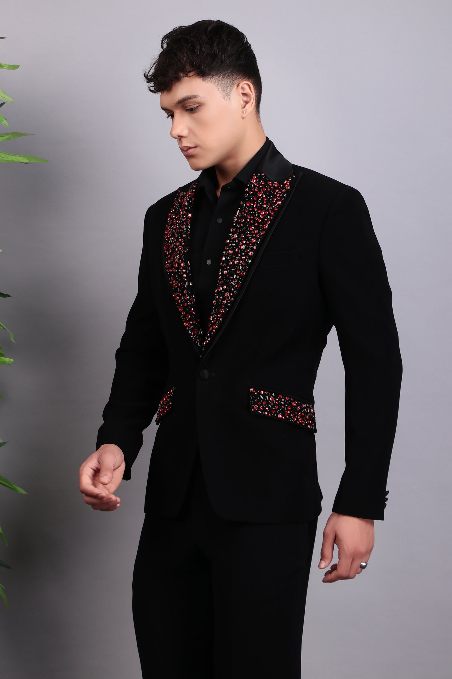 Men’s Tuxedo – Japanese Lycra in Black with Abstract Stones Embroidery | One Man Show