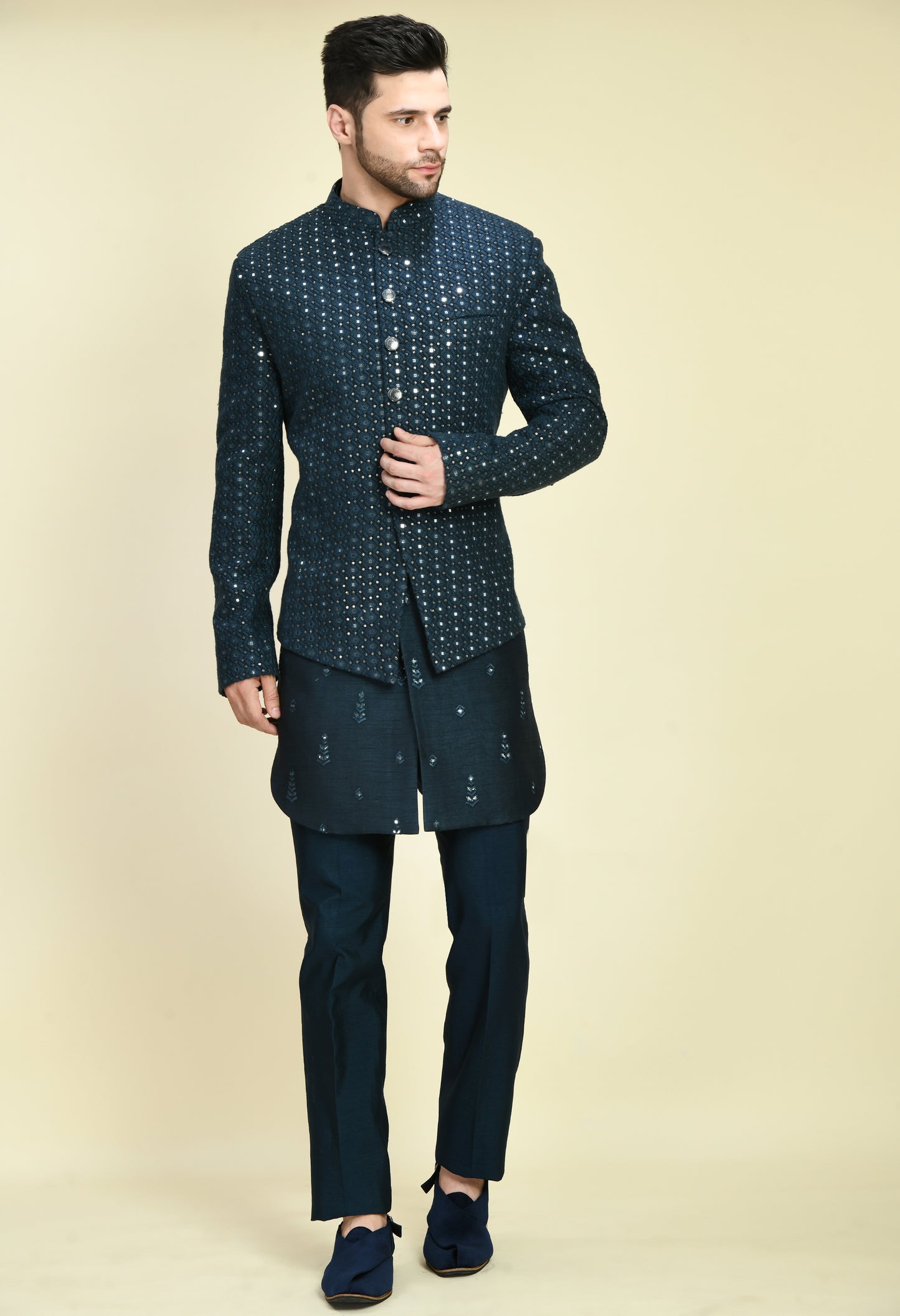 Men’s Nehru Jacket – Silk Georgette in Teal Blue with Silk Thread and Mirrorwork Embroidery | One Man Show