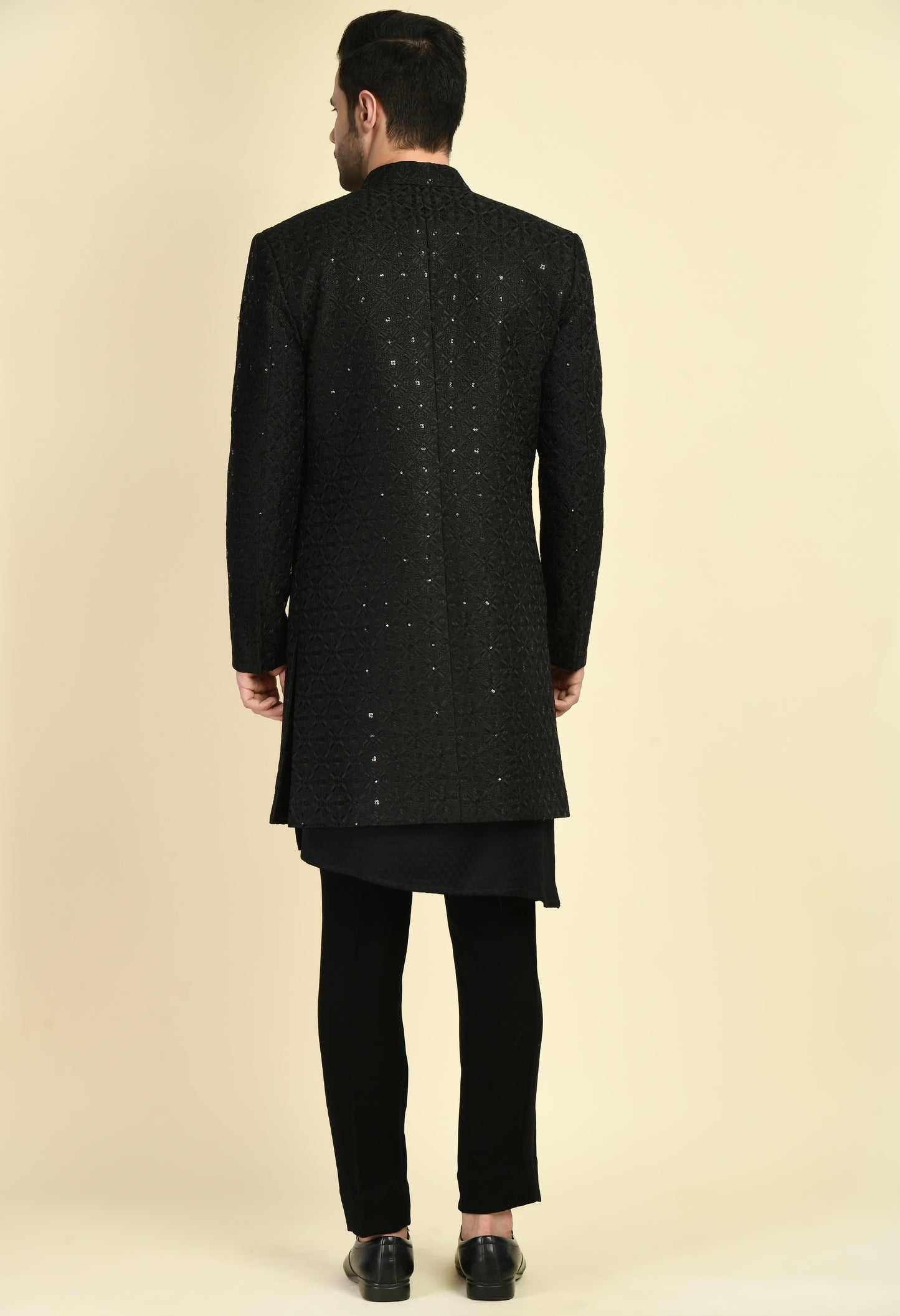 Men’s Indo-Western – Silk Georgette in Black with Front Open Self Sequins Embroidery | One Man Show