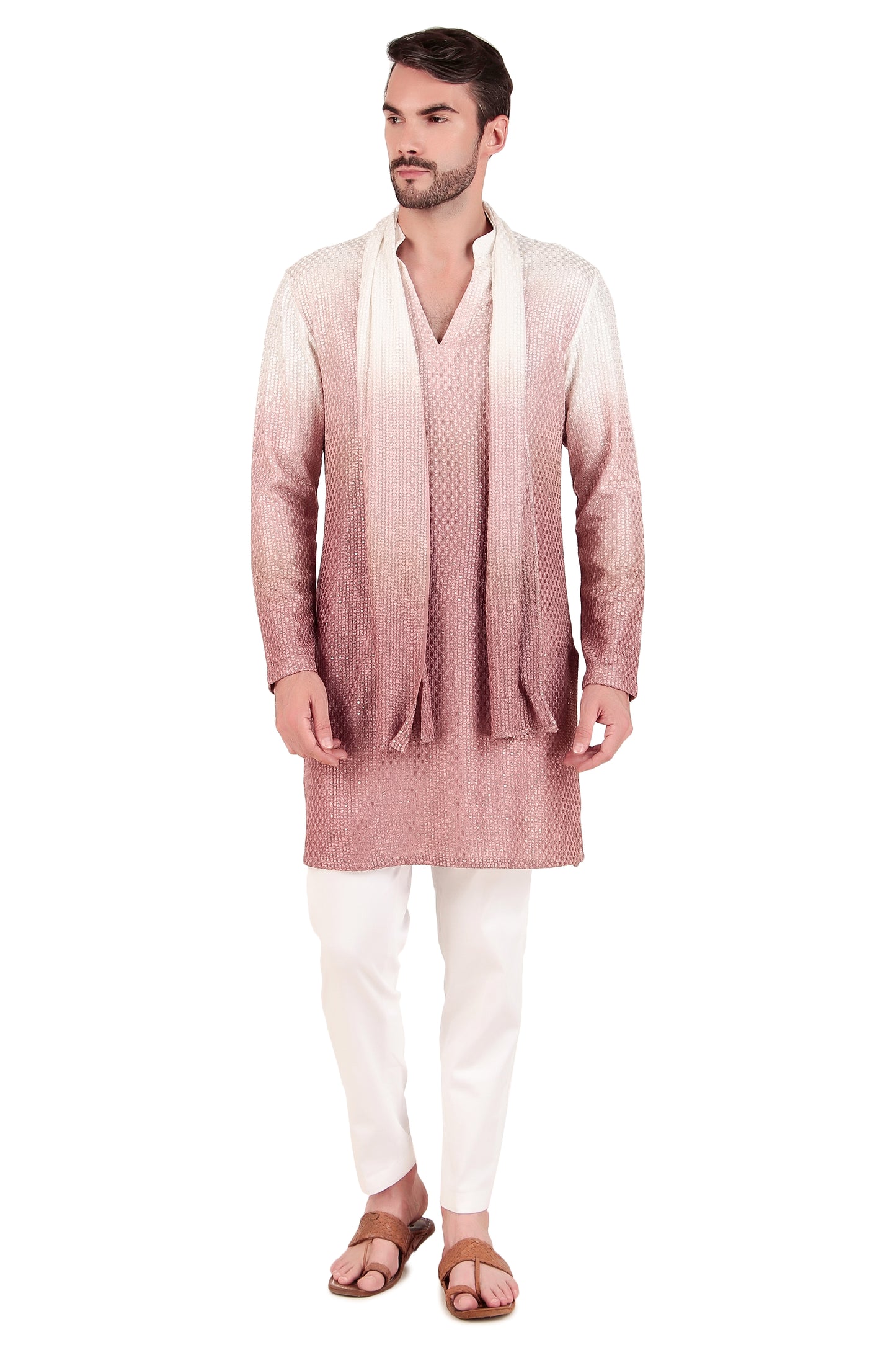 Men’s Kurta Set – Silk Georgette Embroidery in Pink with Ombre Dye | One Man Show