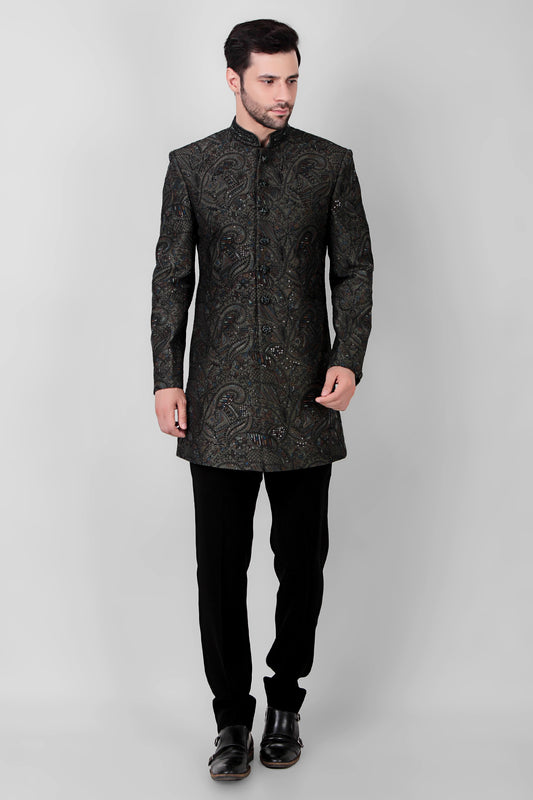 Men’s Indo-Western – Silk Top in Green with Dori and Silk Thread Embroidery | One Man Show