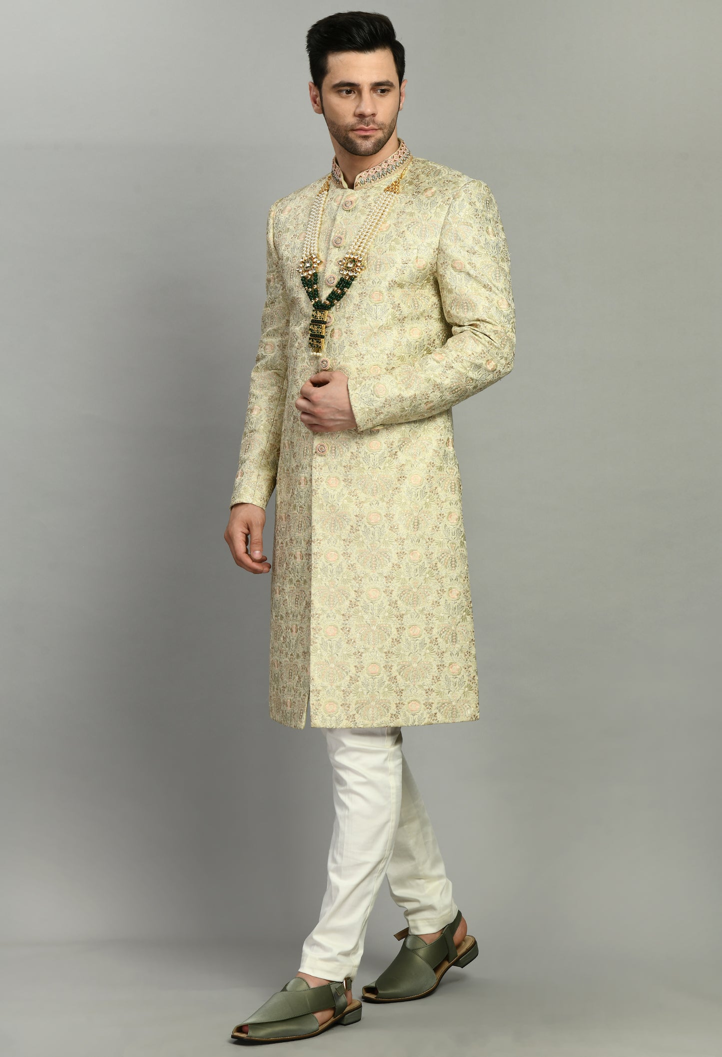 Men’s Sherwani – Silk in Green with Detailed Hand Embroidery Allover | One Man Show