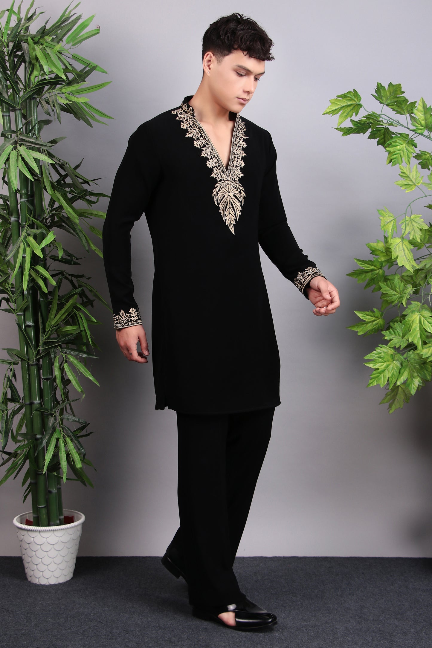Men’s Kurta Set – Korean Wrinkle-Free in Black with Golden Zari Thread Embroidery | One Man Show