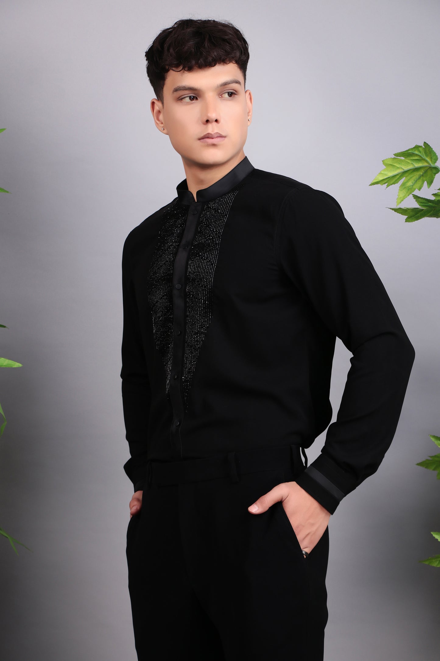 Men’s Shirt – Korean Wrinkle Free in Black with Front Beads Embroidery | One Man Show
