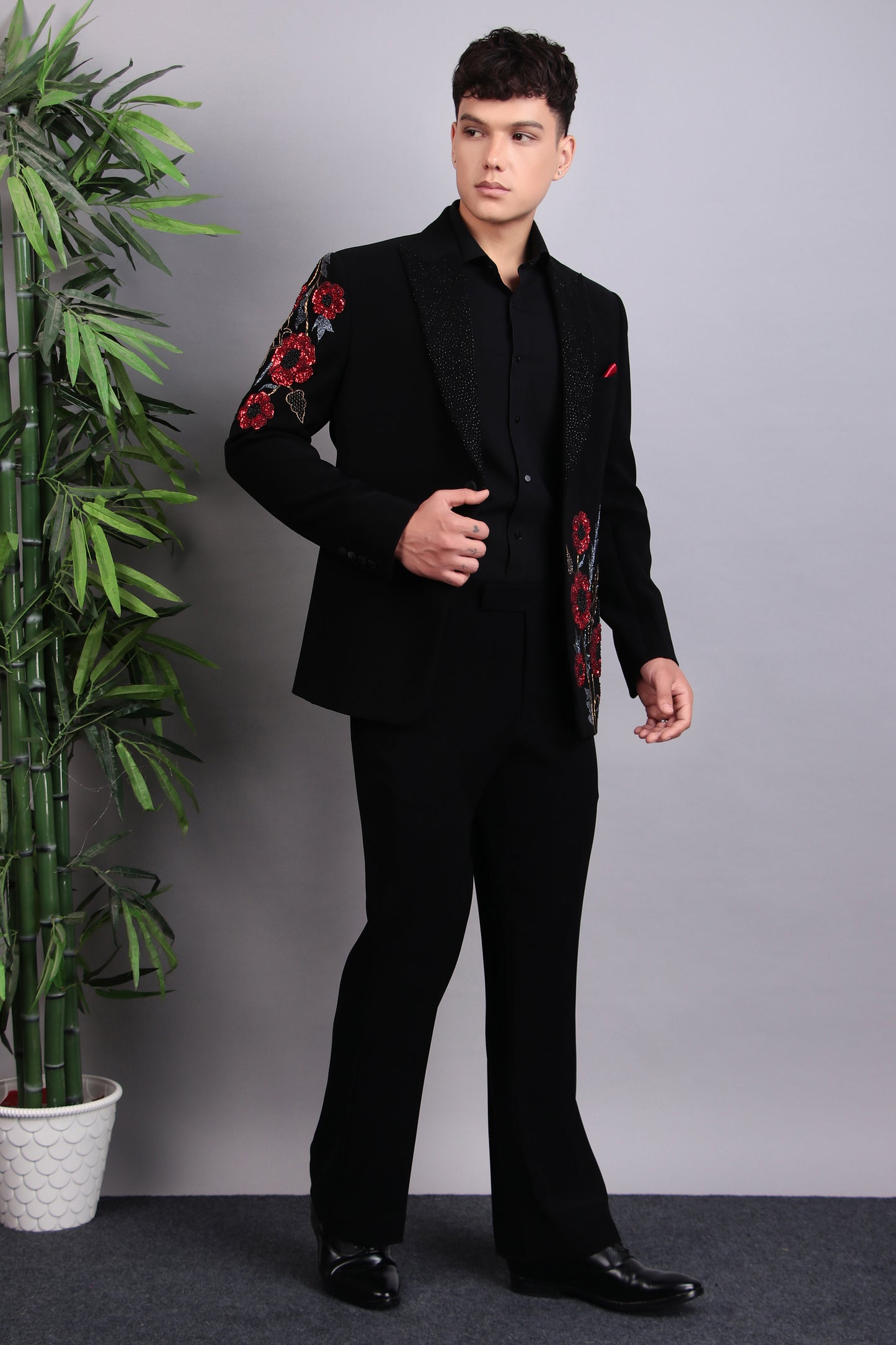 Men’s Tuxedo – Japanese Lycra in Black with Pintex & Beads Embroidery | One Man Show
