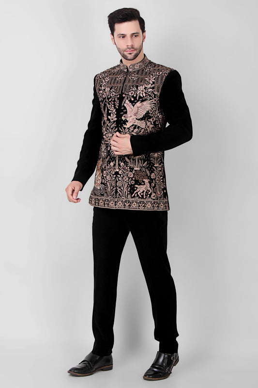 Men’s Bandhgala – Japanese Lycra in Black with Royal Palace Theme Embroidery | One Man Show