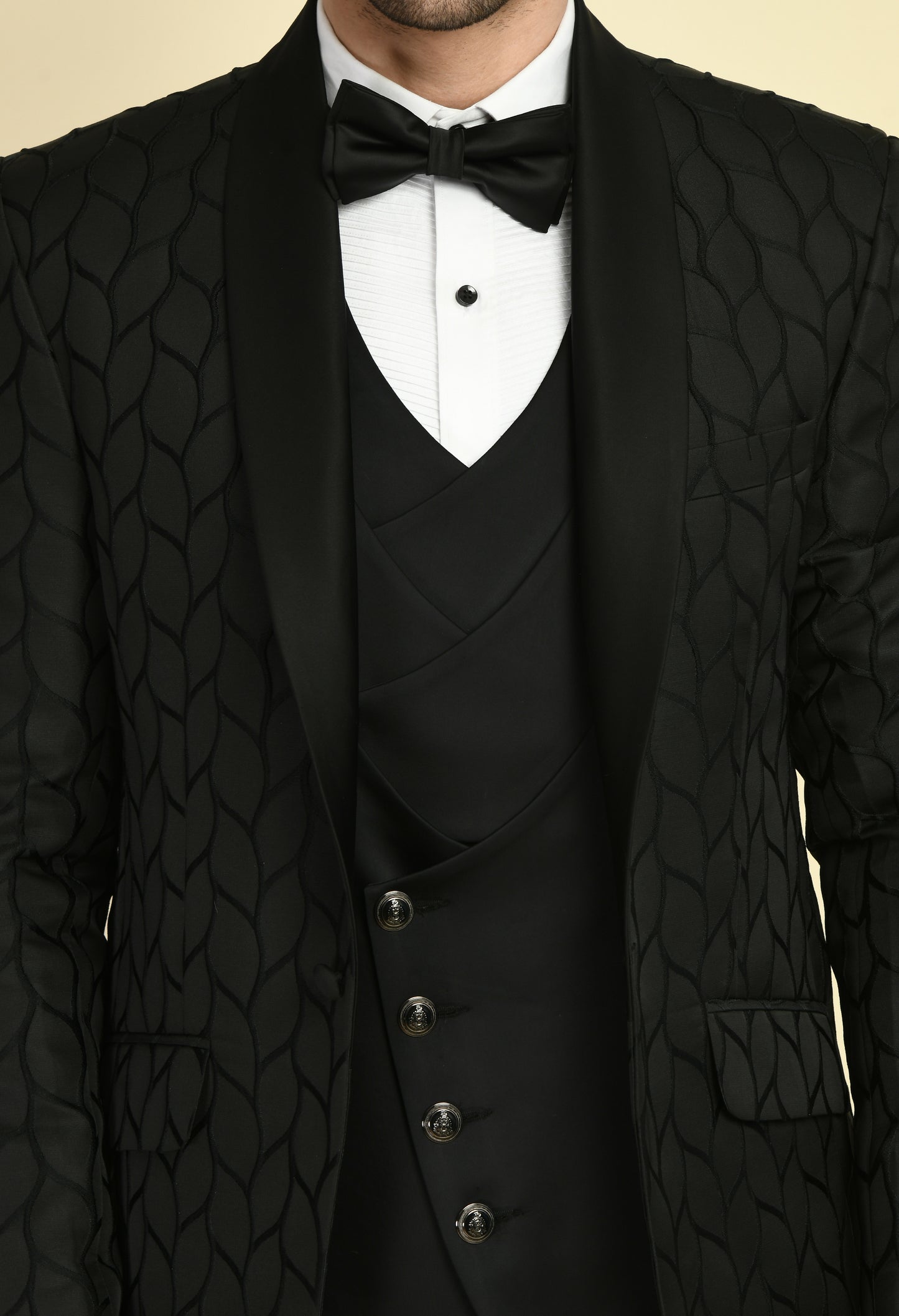 Men’s Tuxedo – Japanese Lycra in Black with Floral Jaquard Tuxedo Top | One Man Show