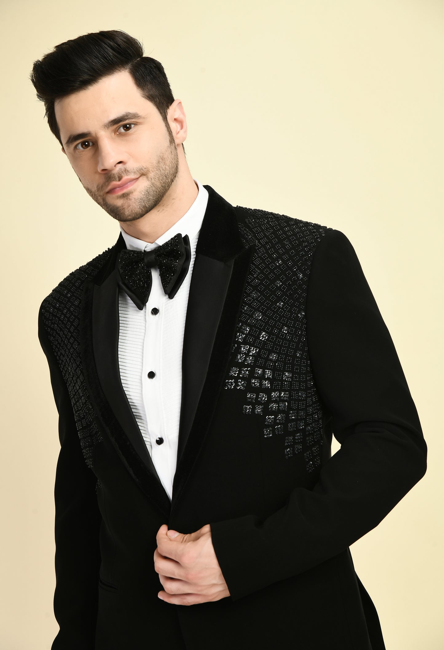 Men’s Tuxedo – Japanese Lycra in Black with Geometric Beads, Stone and Sequins Embroidery | One Man Show