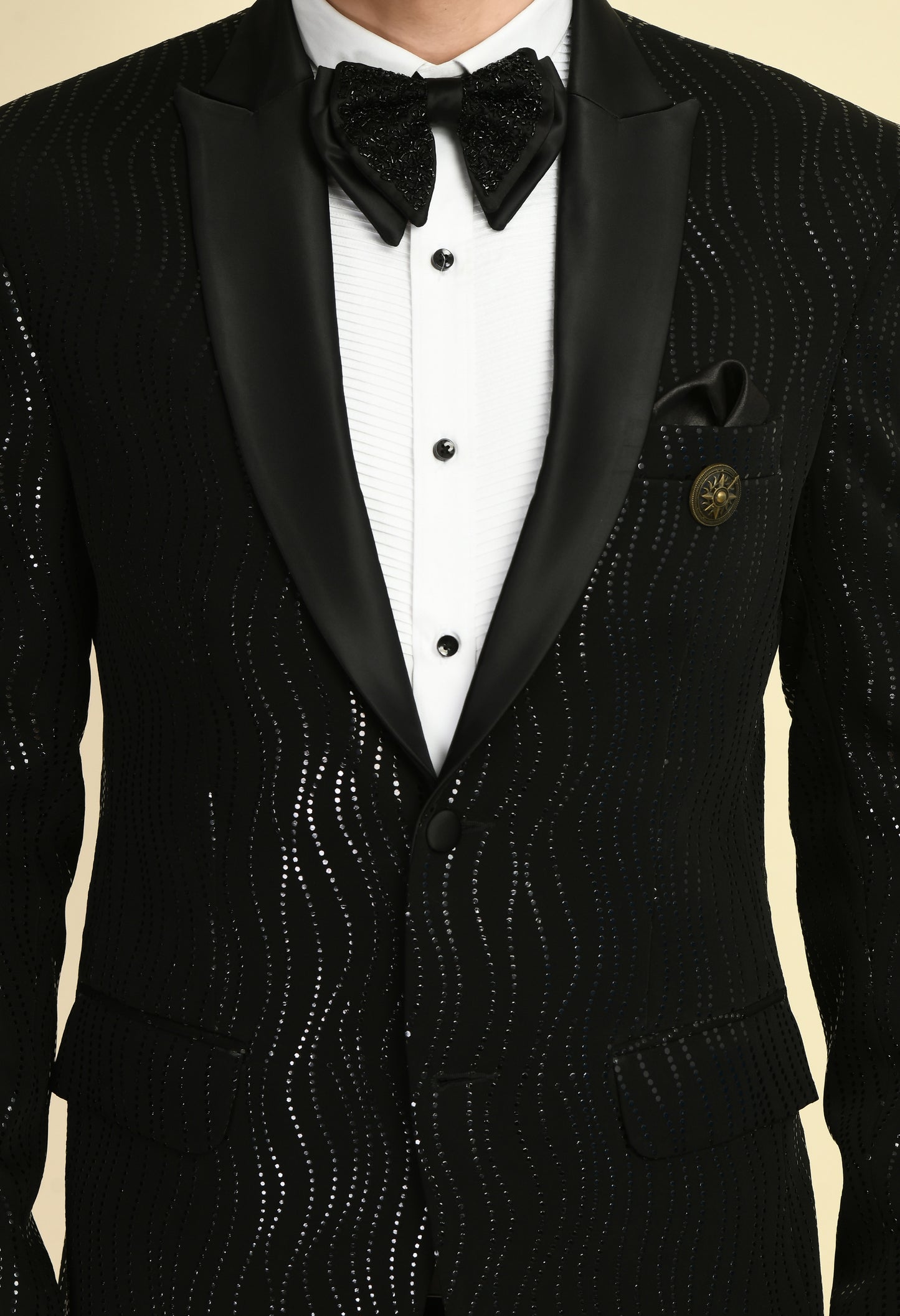 Men’s Tuxedo – Japanese Lycra in Black with Shimmer Print | One Man Show