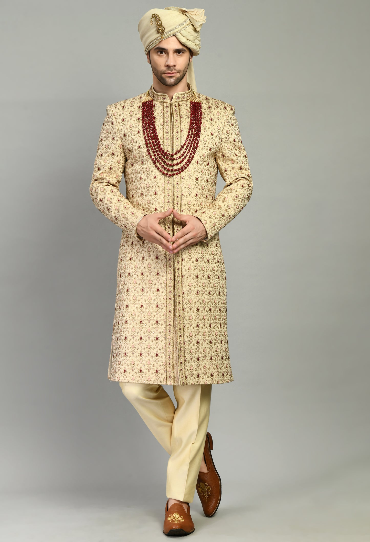 Men’s Sherwani – Silk in Beige with Detailed Hand Embroidery Allover | One Man Show