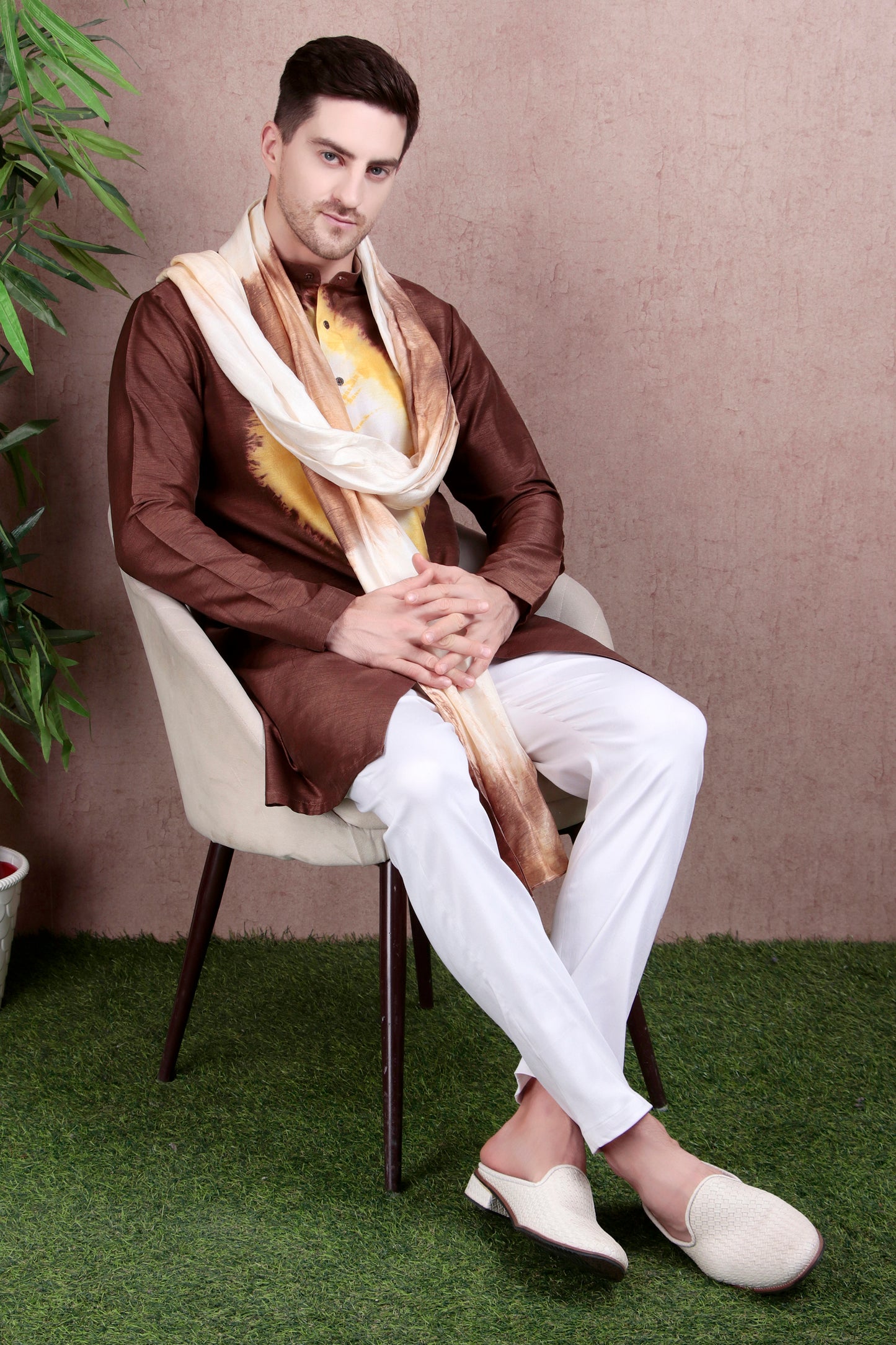 Men’s Kurta Set – Raw Silk in Brown with Yellow Tie-Dye Center Motif | One Man Show