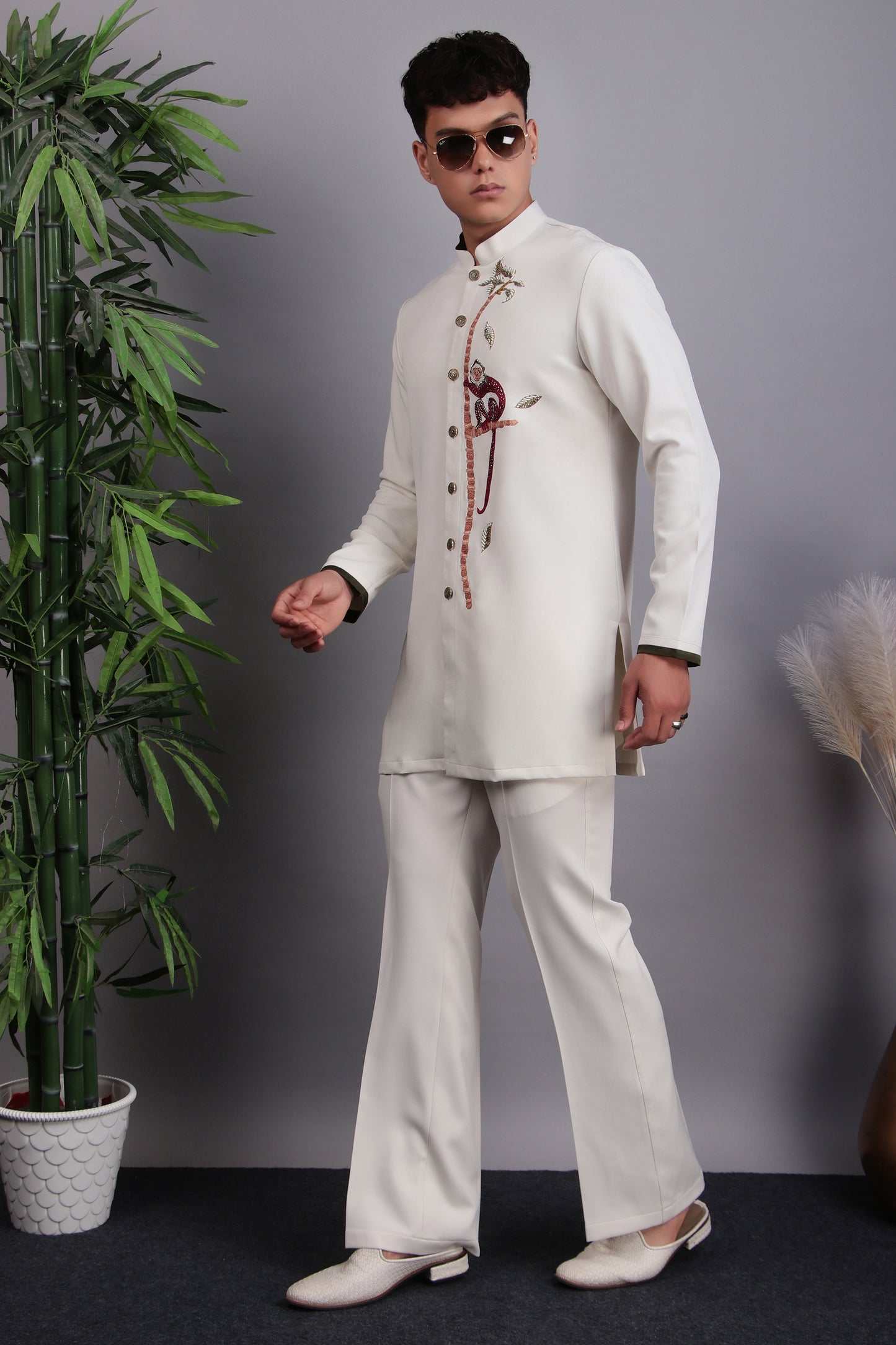 Detail view 3 - Men’s Kurta Set – Korean Wrinkle-Free in Cream with Glass Beads & Silk Thread Embroidery