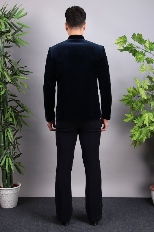 Men’s Bandhgala – Cotton Velvet in Blue with Hand Embroidery | One Man Show