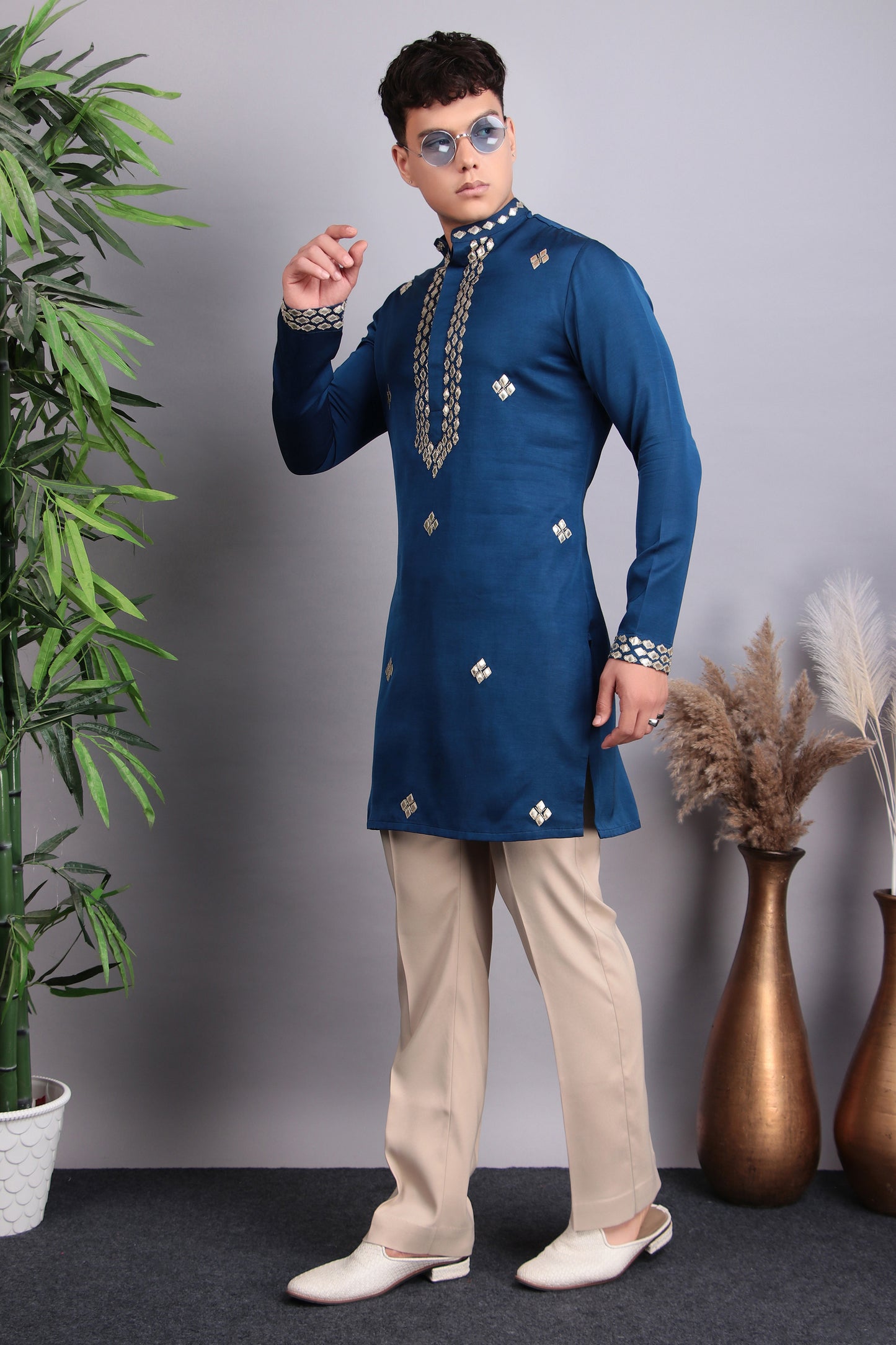 Men’s Kurta Set – Modal Satin in Blue with Brads, Stone and Leather Applique Work | One Man Show
