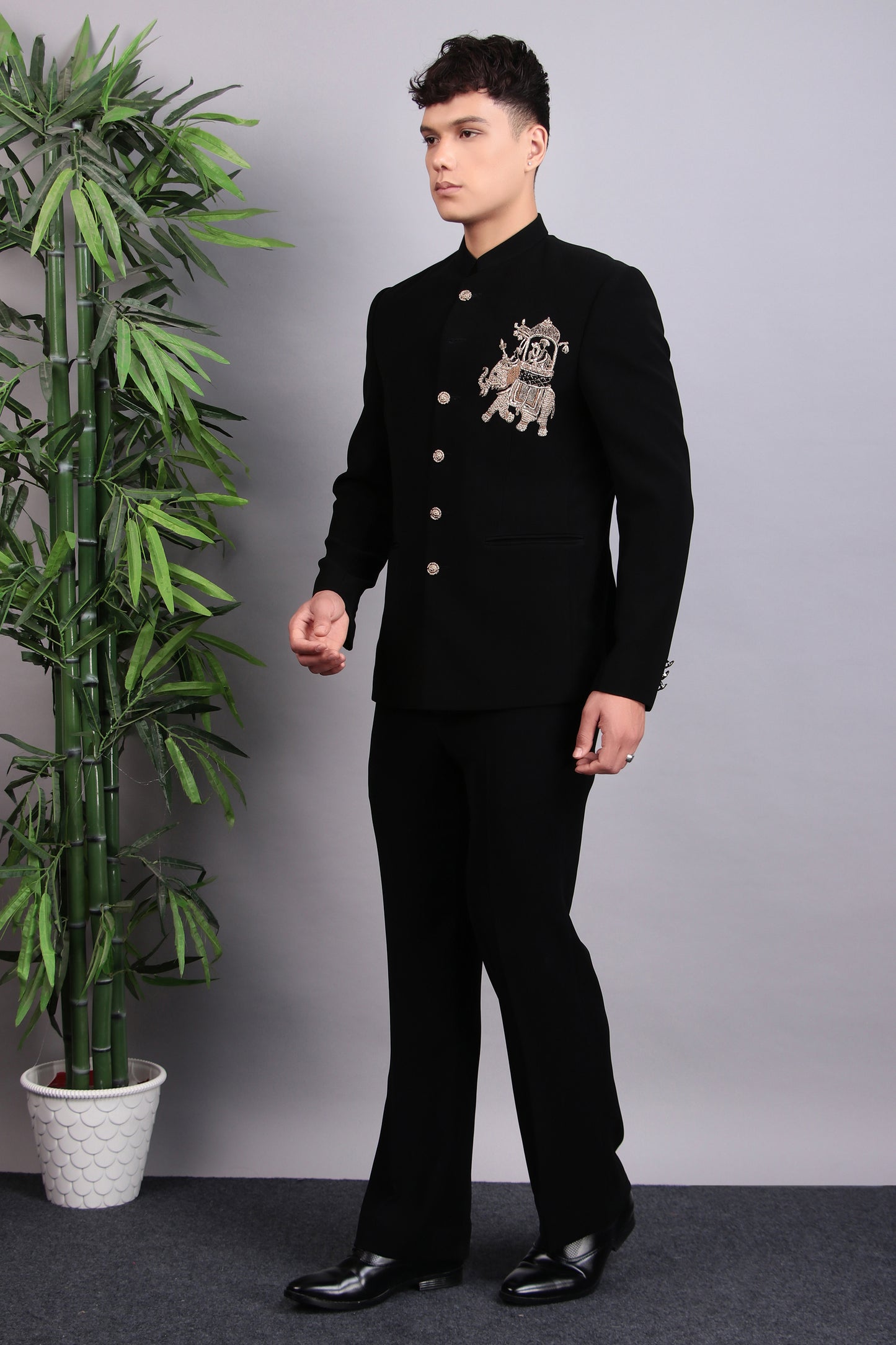 Men’s Bandhgala – Japanese Lycra in Black with Patch Motif Embroidery | One Man Show