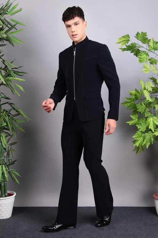 Side view - Men’s Bandhgala – Cotton Velvet in Midnight Blue with Hand Embroidery