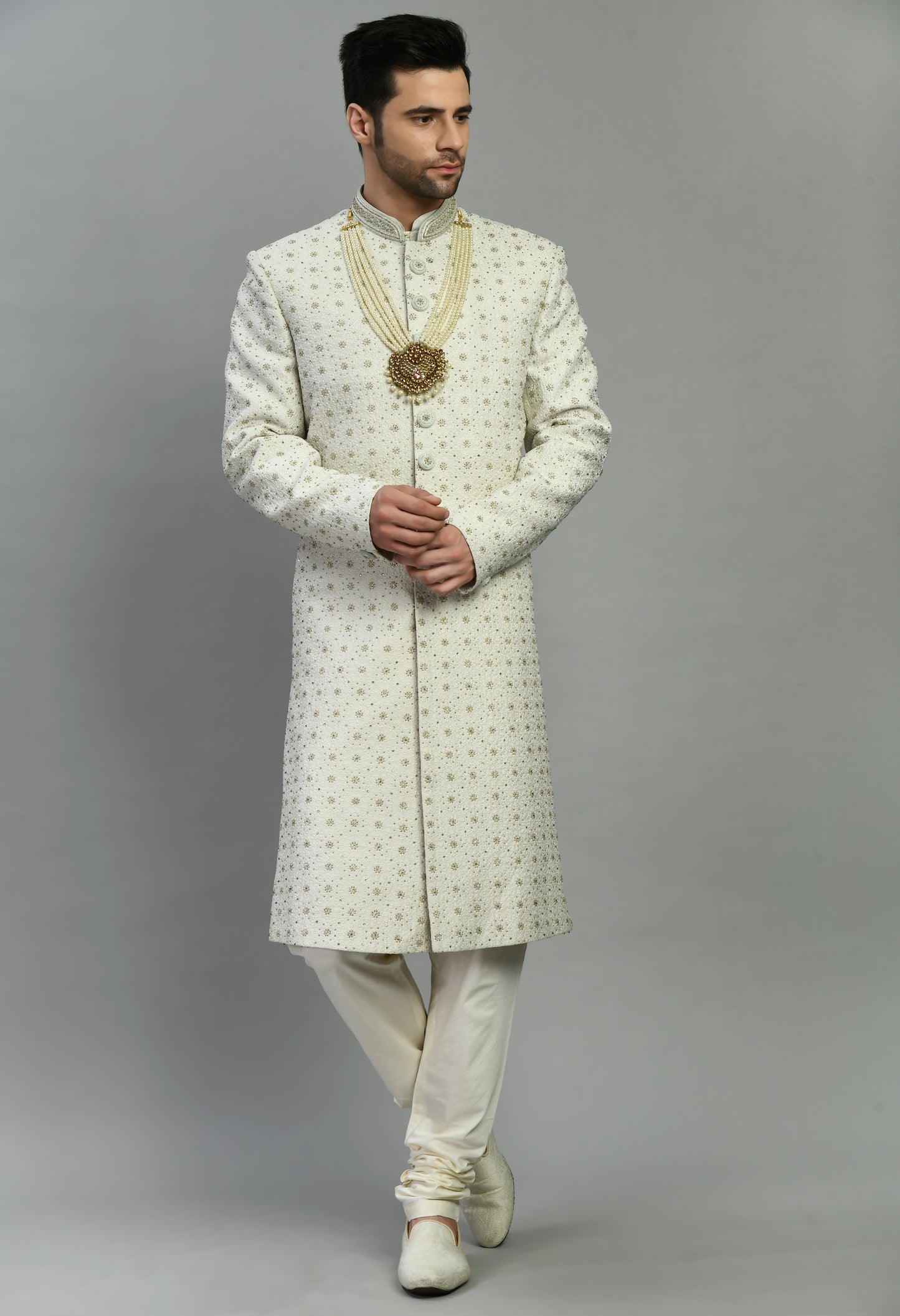 Men’s Sherwani – Silk in Ivory with Detailed Hand Embroidery Allover | One Man Show