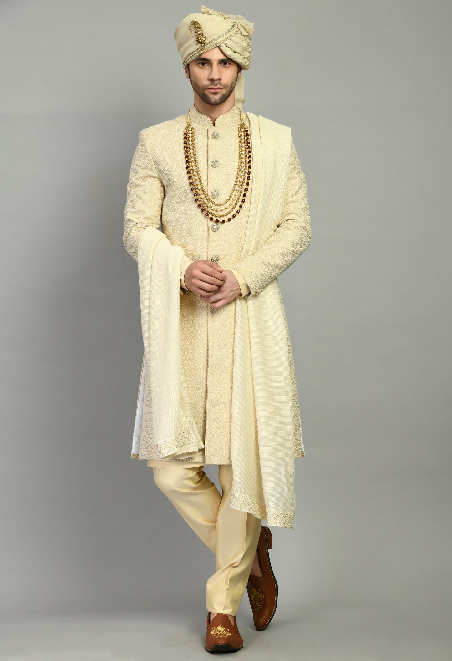 Men’s Sherwani – Silk in Cream with Detailed Hand Embroidery Allover | One Man Show