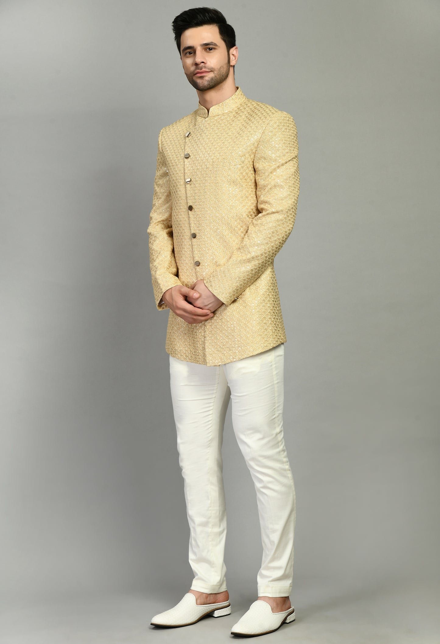 Men’s Indo-Western – Silk Georgette in Beige with Zari Embroidery | One Man Show