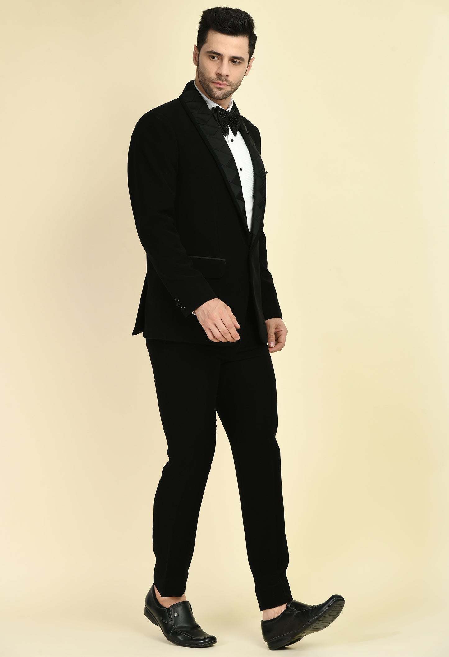 Men’s Tuxedo – Japanese Lycra in Black with Woven Satin Strips Design | One Man Show
